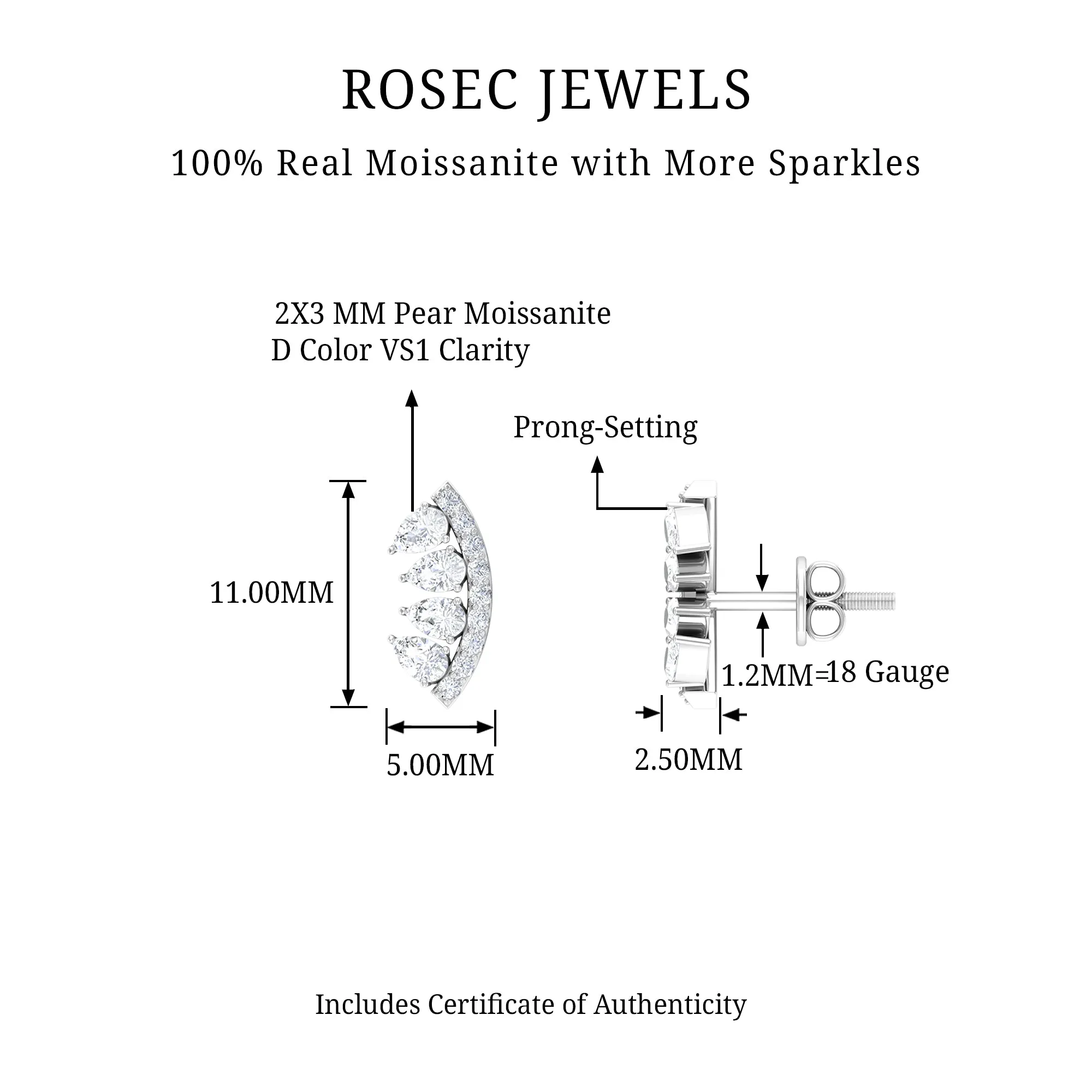 Pear and Round Moissanite Curved Cartilage Earring