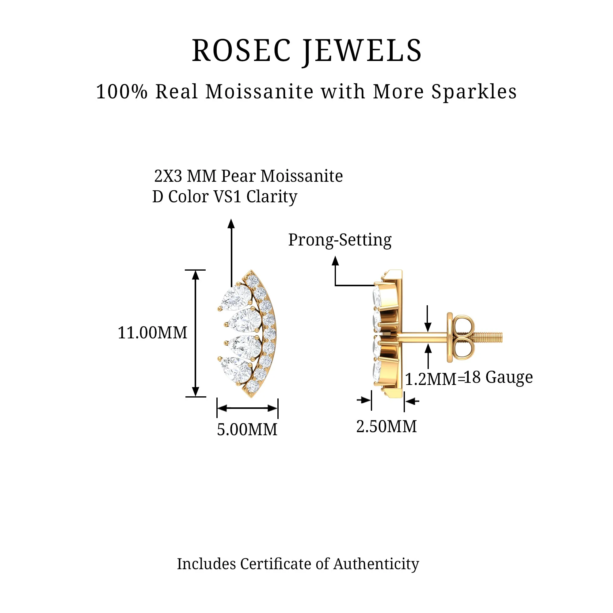 Pear and Round Moissanite Curved Cartilage Earring