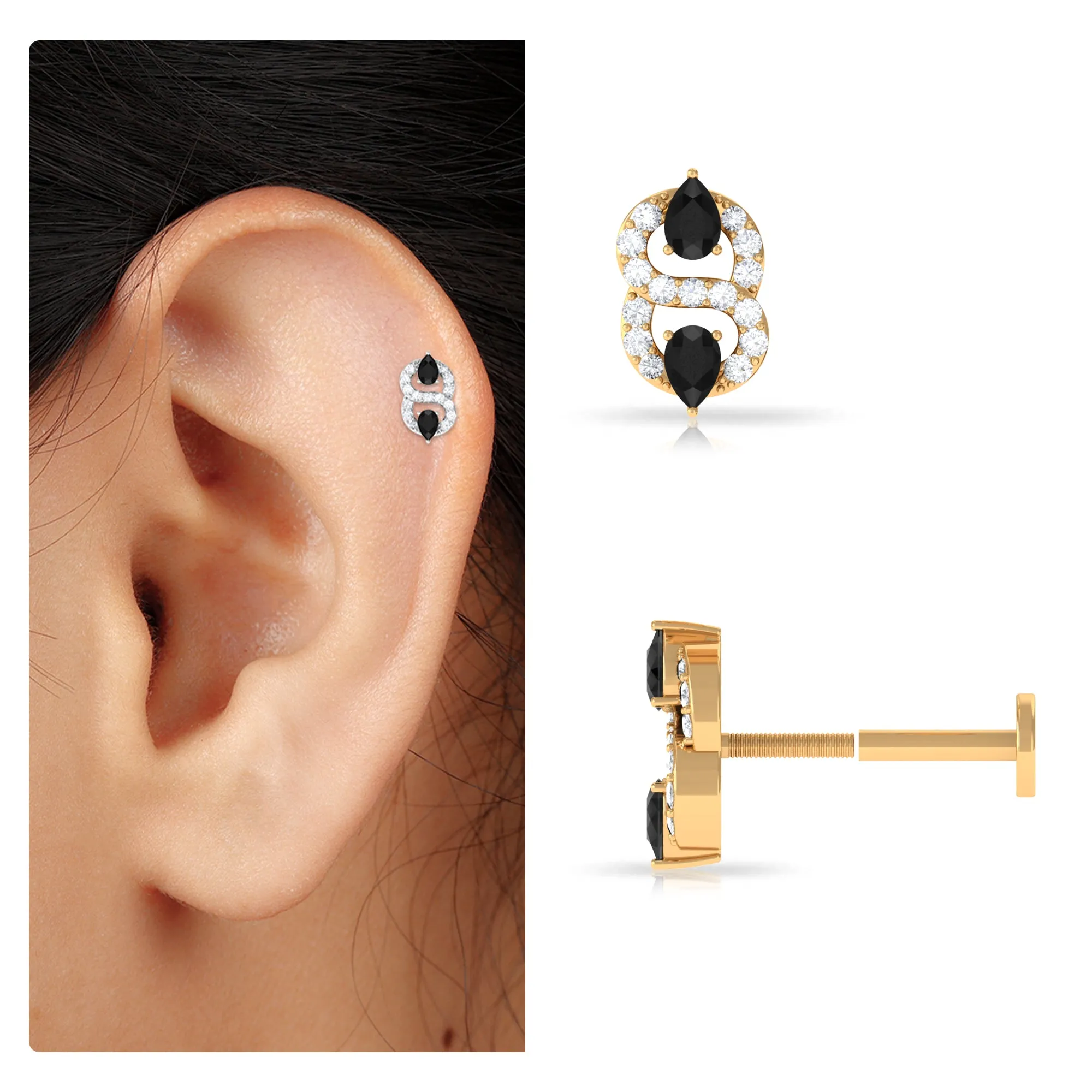 Pear Black Onyx and Moissanite Infinity Helix Earring