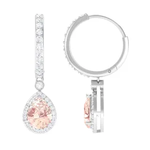 Pear Cut Morganite Hoop Drop Earrings with Diamond Halo