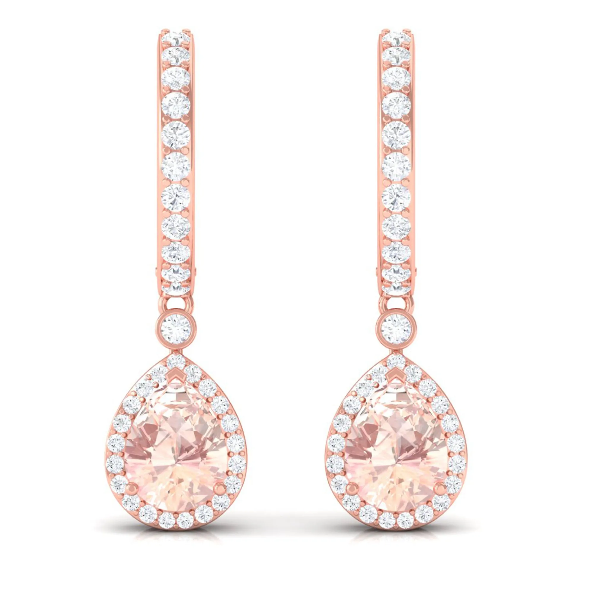 Pear Cut Morganite Hoop Drop Earrings with Diamond Halo
