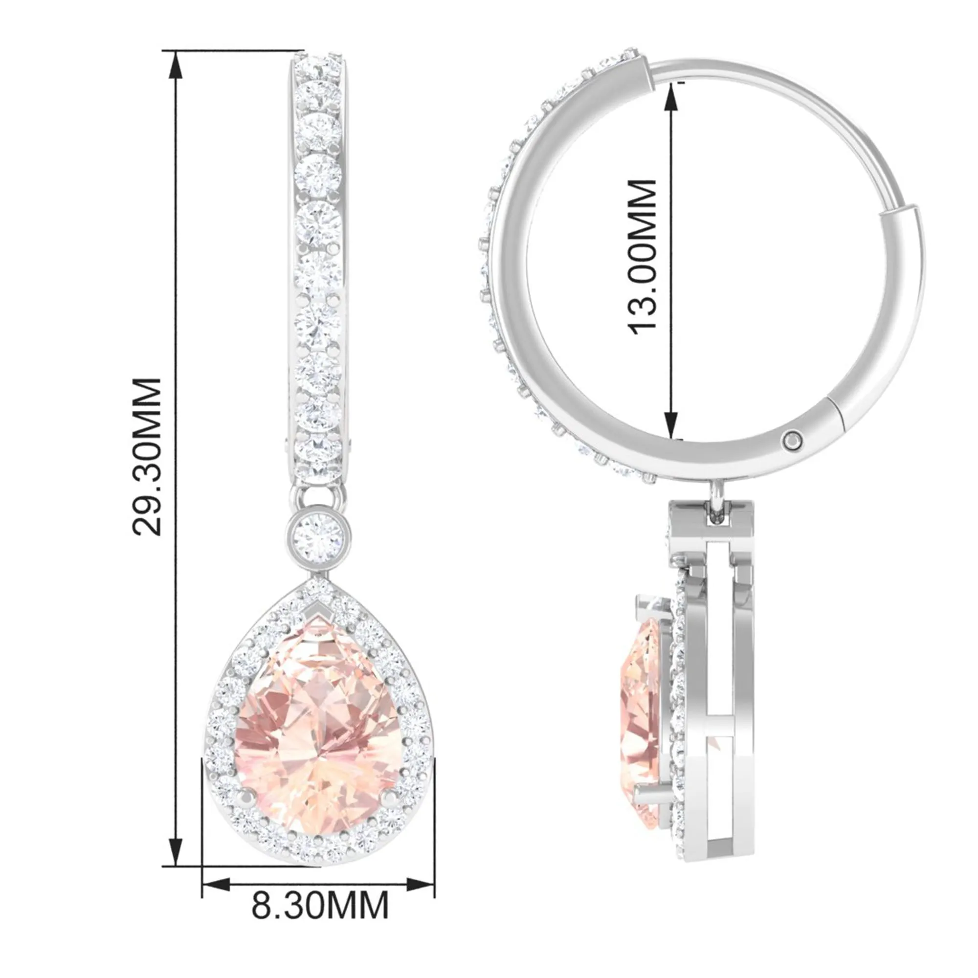 Pear Cut Morganite Hoop Drop Earrings with Diamond Halo