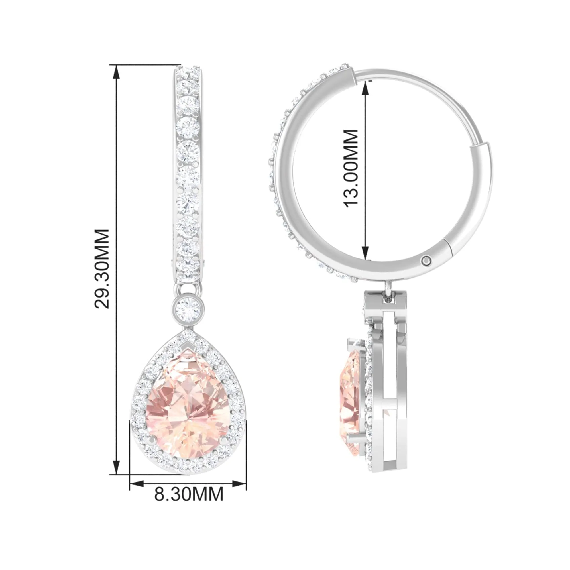 Pear Cut Morganite Hoop Drop Earrings with Diamond Halo