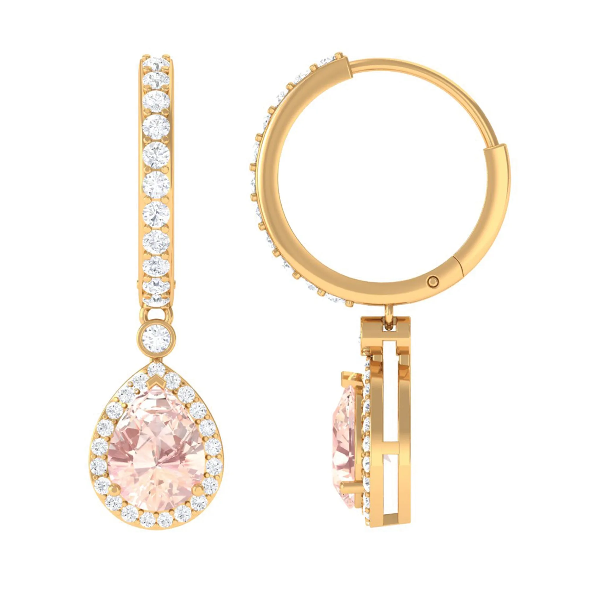 Pear Cut Morganite Hoop Drop Earrings with Diamond Halo