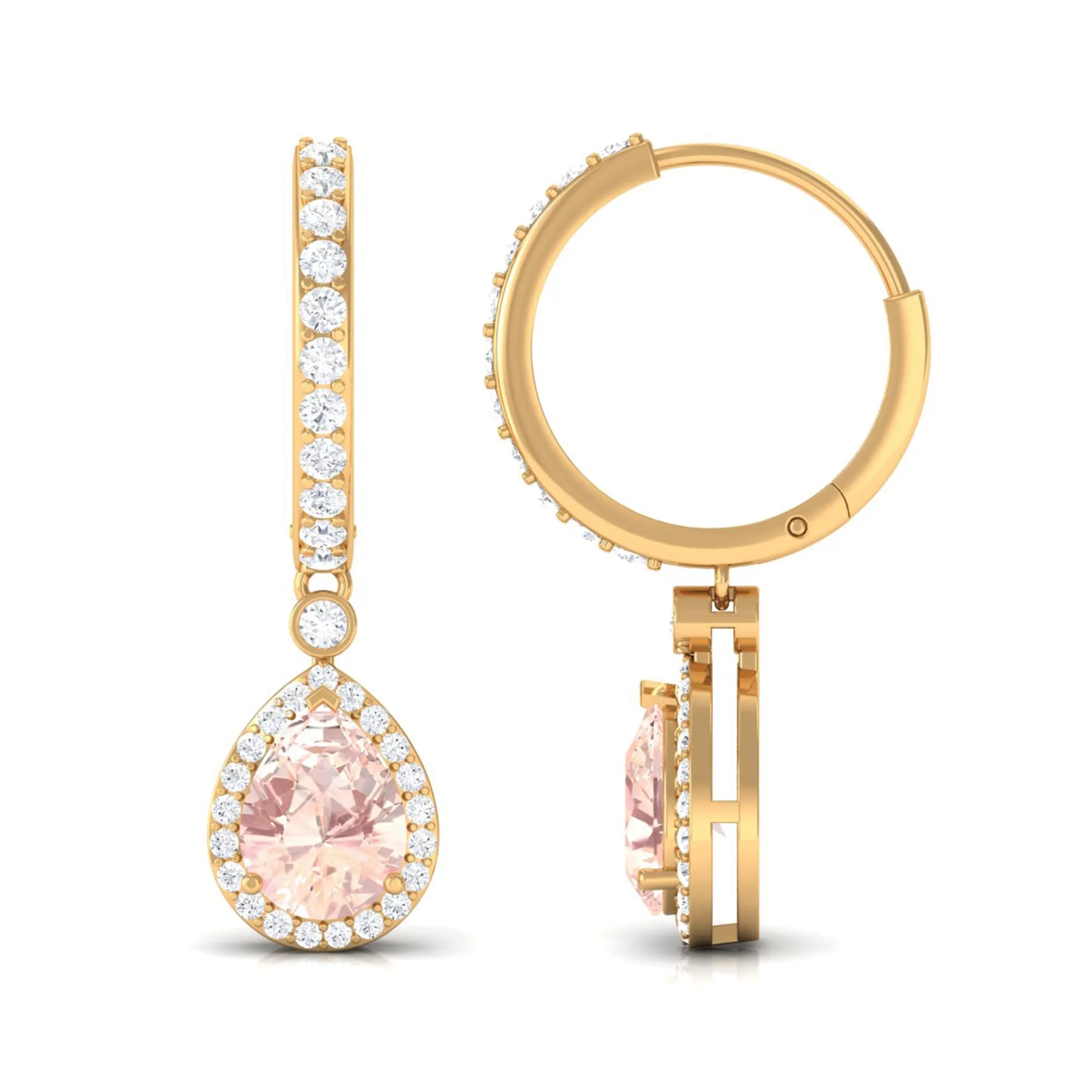 Pear Cut Morganite Hoop Drop Earrings with Diamond Halo