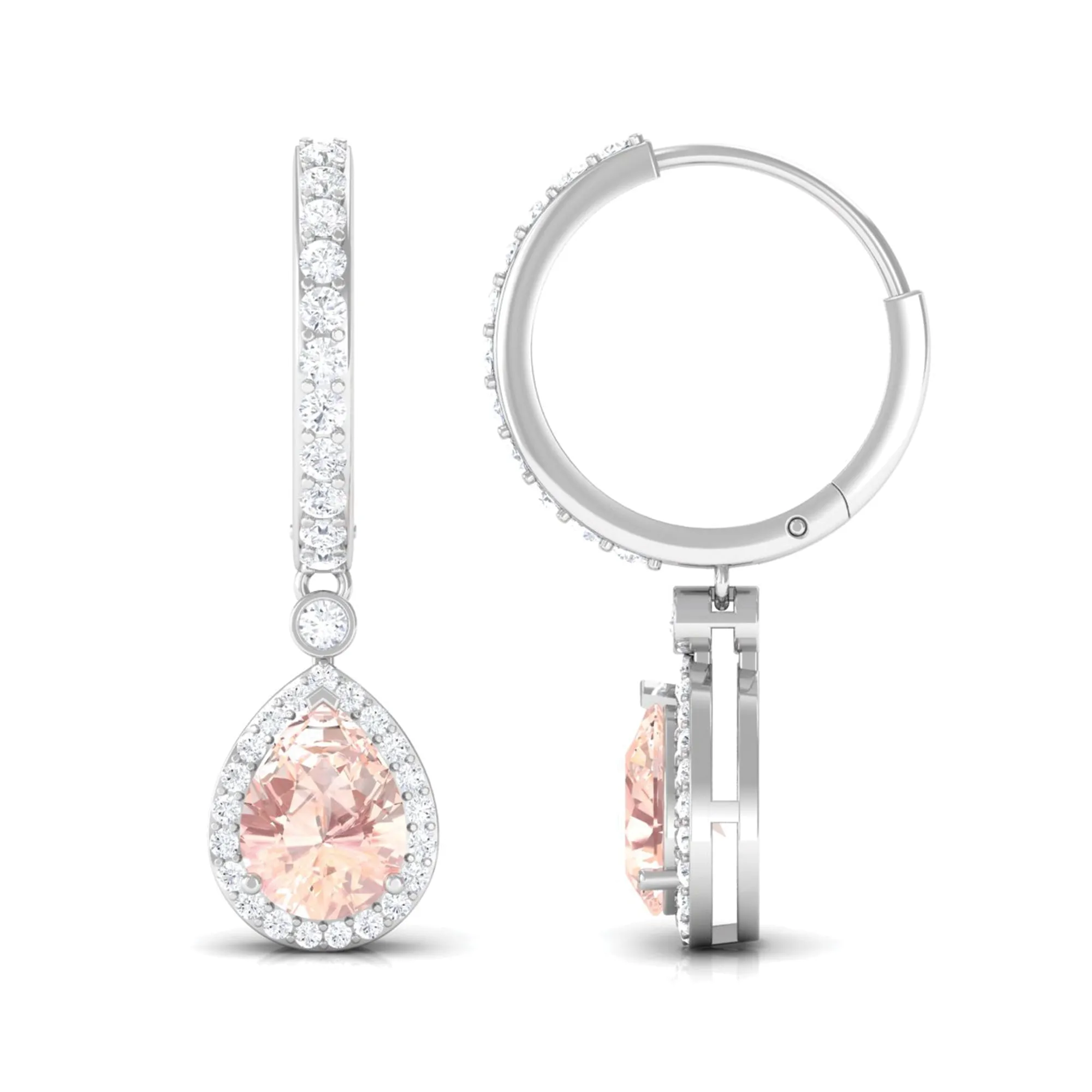 Pear Cut Morganite Hoop Drop Earrings with Diamond Halo