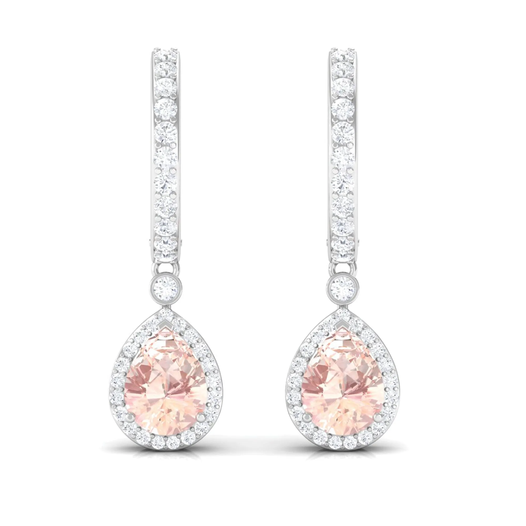 Pear Cut Morganite Hoop Drop Earrings with Diamond Halo