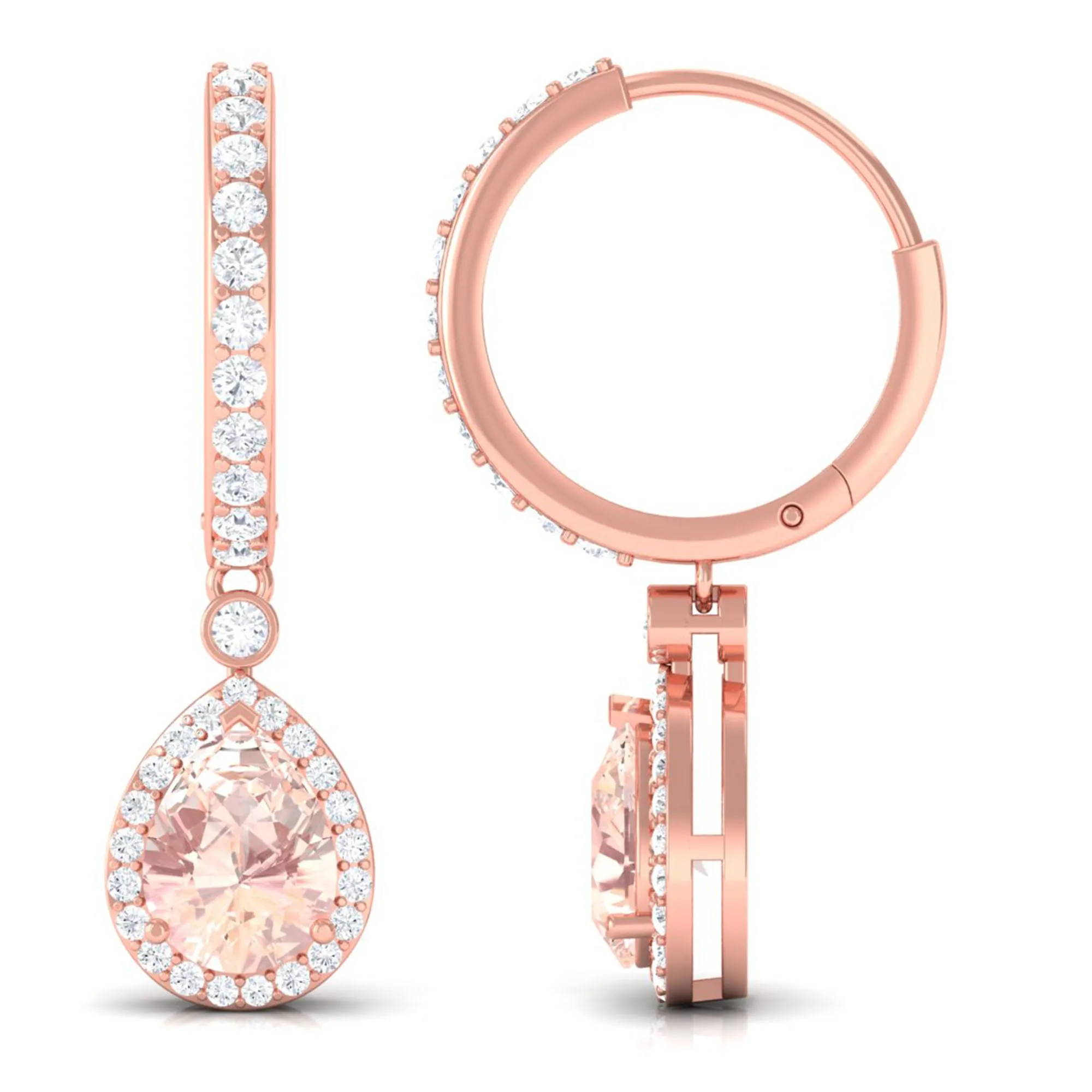 Pear Cut Morganite Hoop Drop Earrings with Diamond Halo