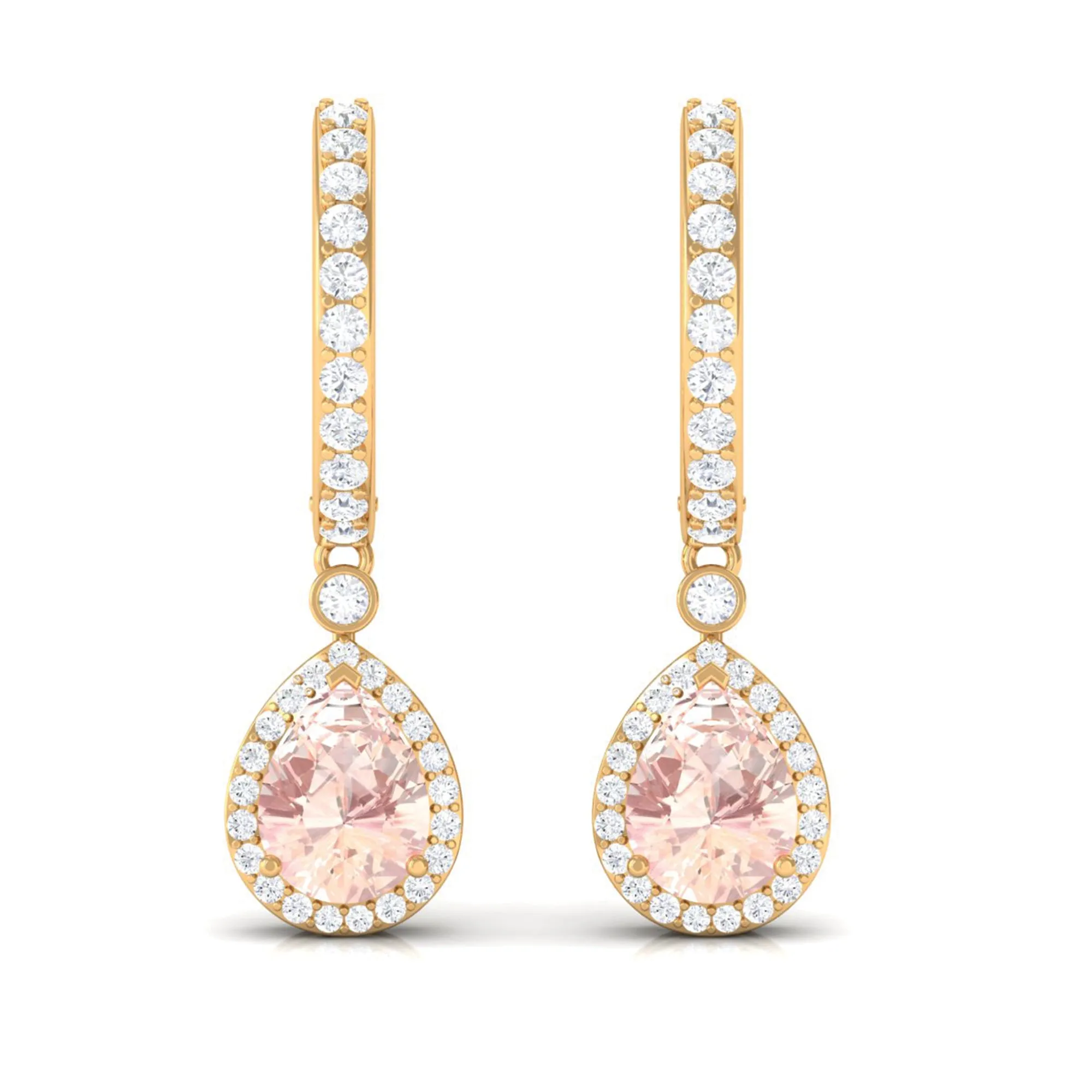 Pear Cut Morganite Hoop Drop Earrings with Diamond Halo