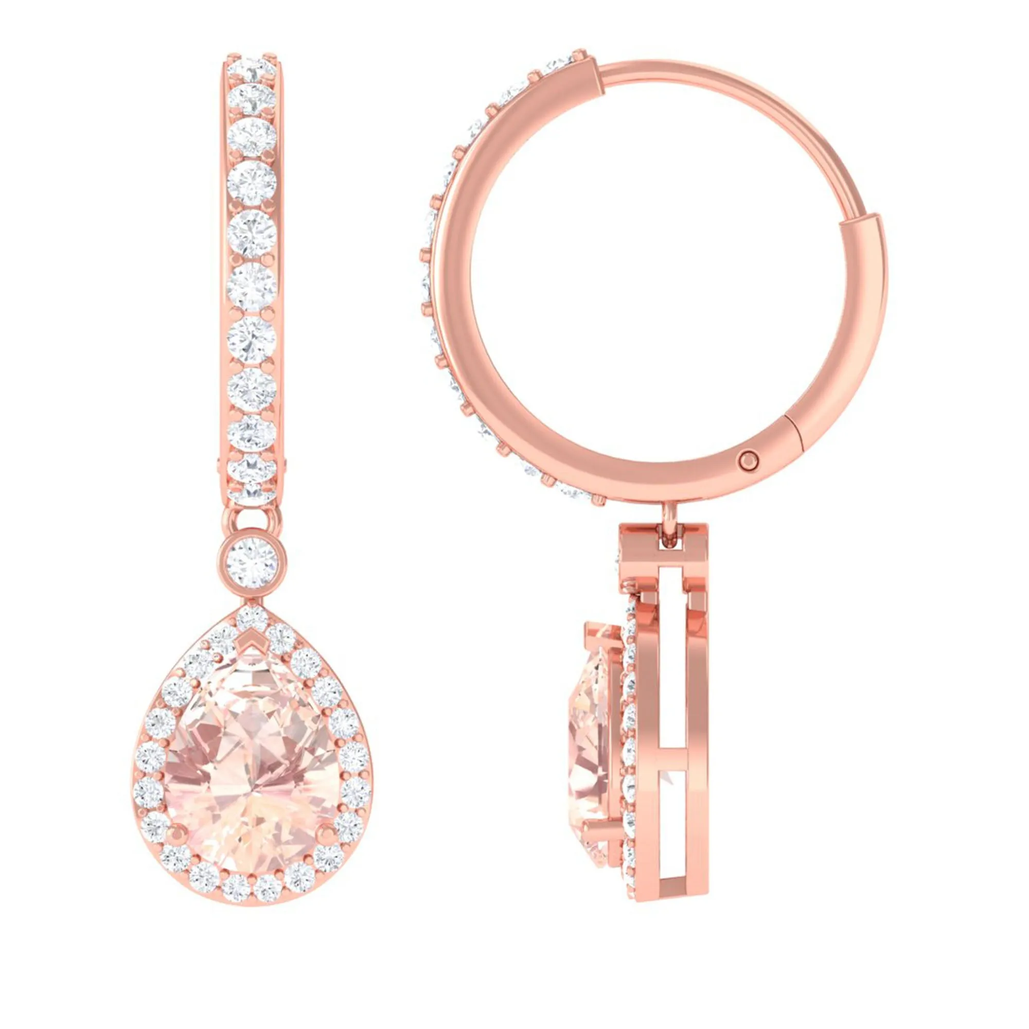 Pear Cut Morganite Hoop Drop Earrings with Diamond Halo