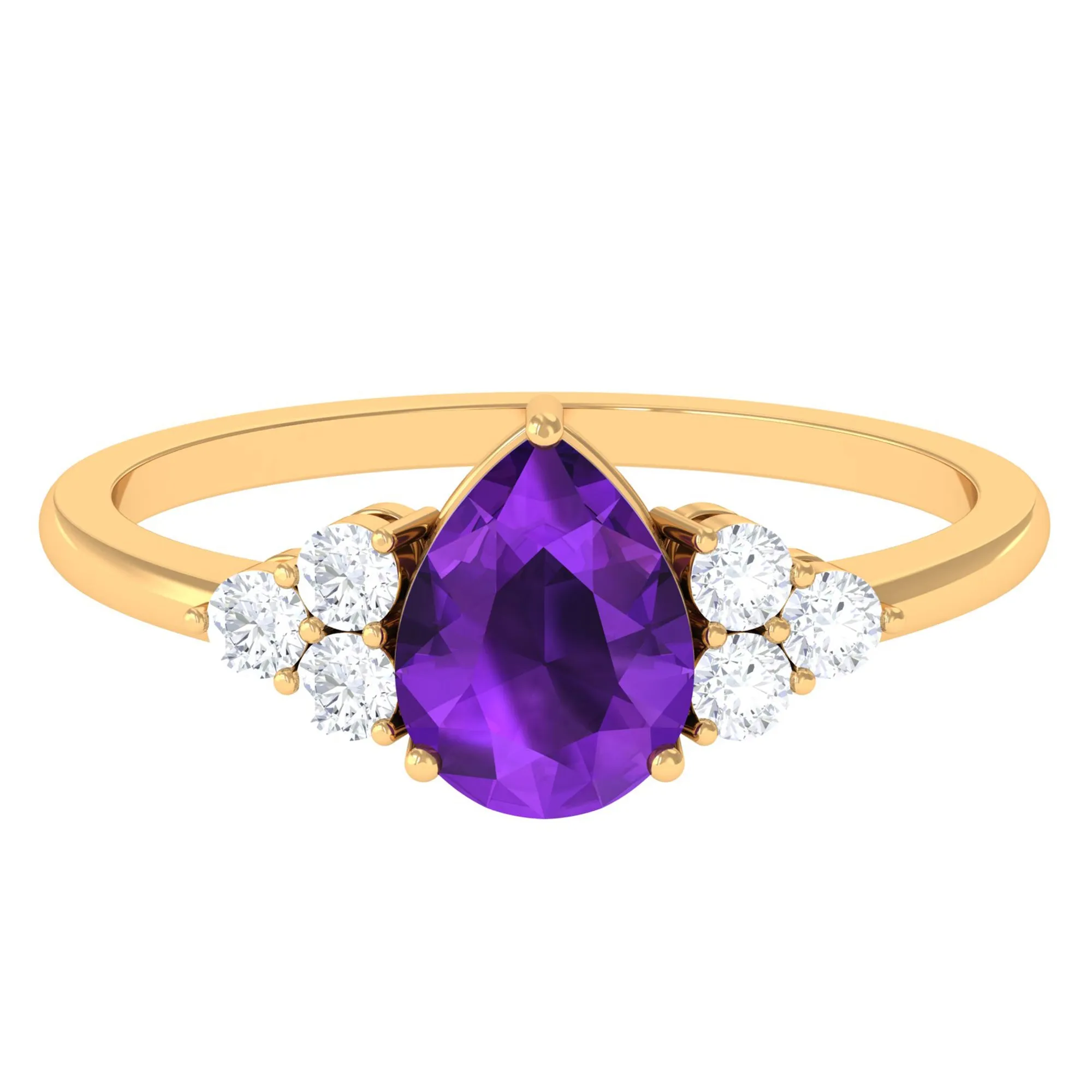 Pear Shape Amethyst Solitaire Ring with Diamond Trio