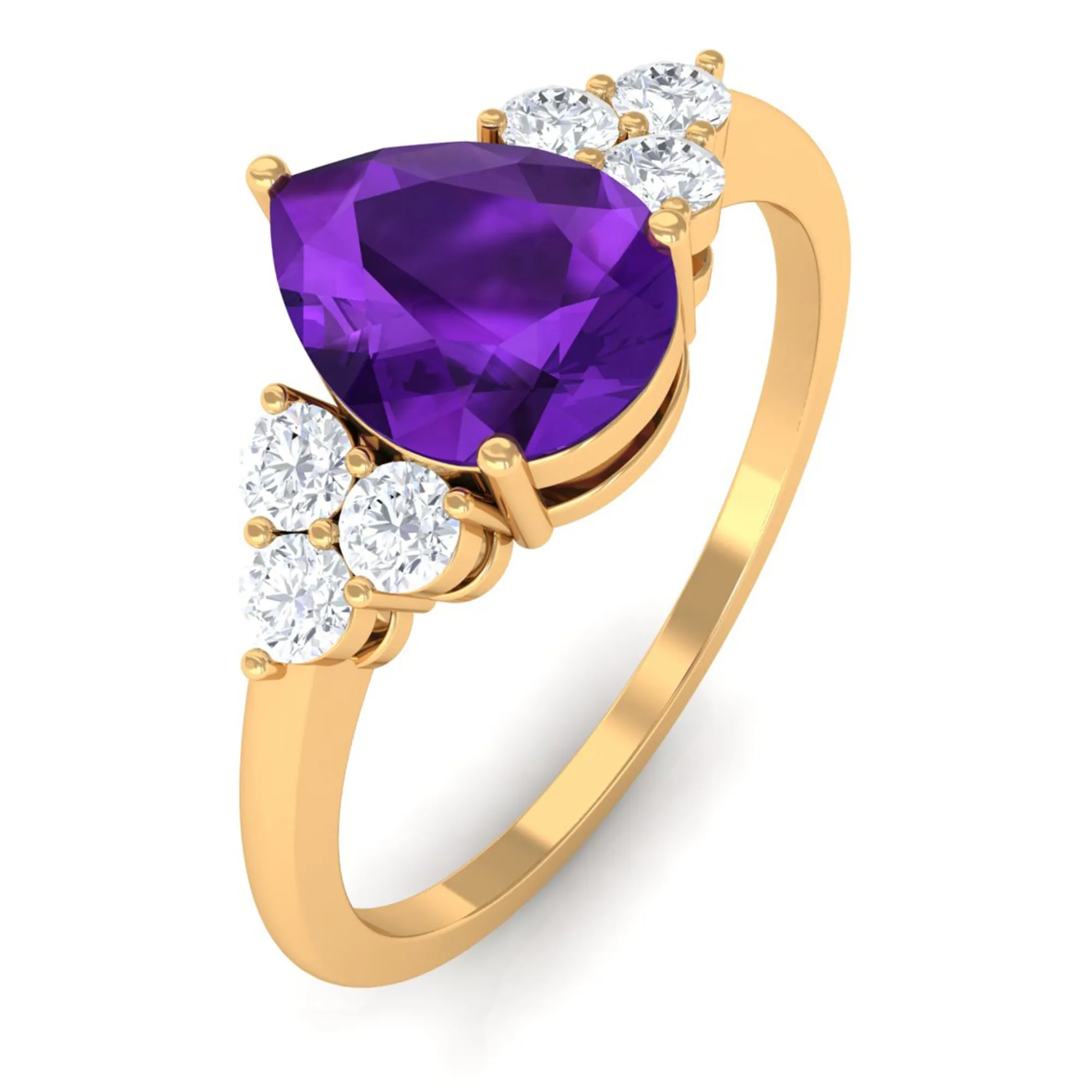 Pear Shape Amethyst Solitaire Ring with Diamond Trio