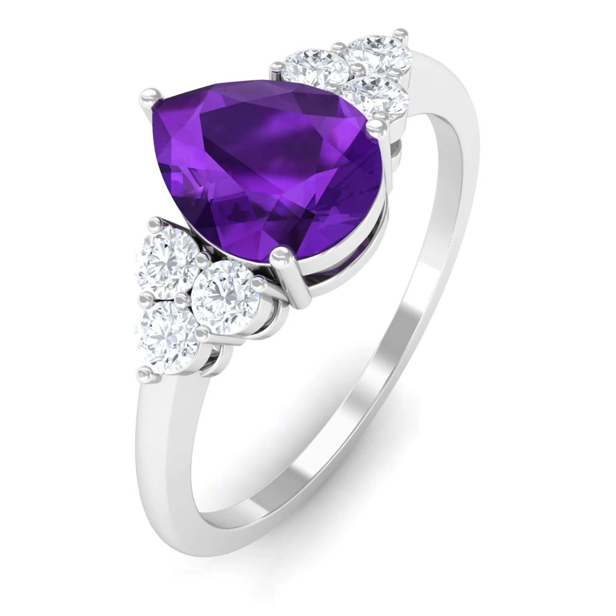 Pear Shape Amethyst Solitaire Ring with Diamond Trio