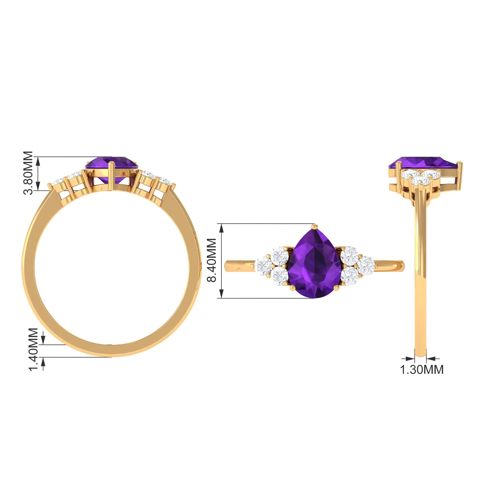 Pear Shape Amethyst Solitaire Ring with Diamond Trio