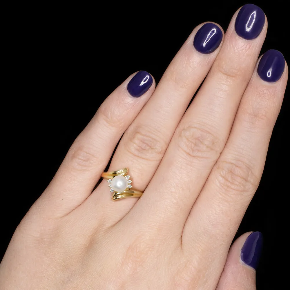 PEARL DIAMOND COCKTAIL RING 14k YELLOW GOLD ESTATE NATURAL BYPASS ANNIVERSARY
