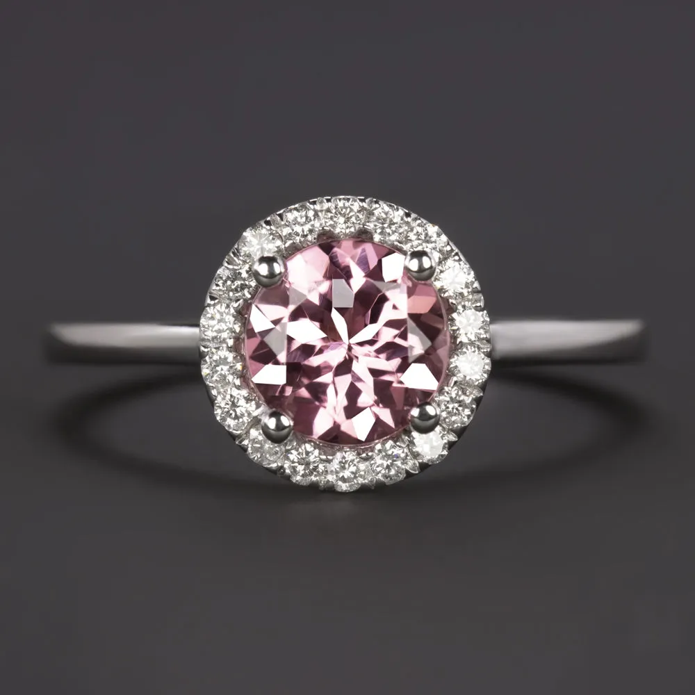 PINK TOURMALINE DIAMOND COCKTAIL RING HALO 14k WHITE GOLD NATURAL ROUND CUT 1ct