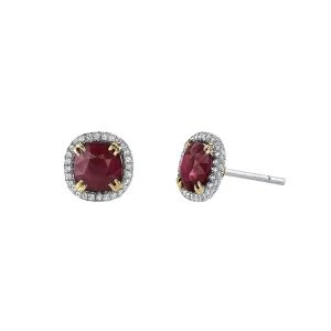 PLATINUM/18K YELLOW GOLD 2 CUSHION RUBIES=2.63ctw DIAMOND MELE=0.24ctw G VS1 PAVE BEZEL STUD EARRING