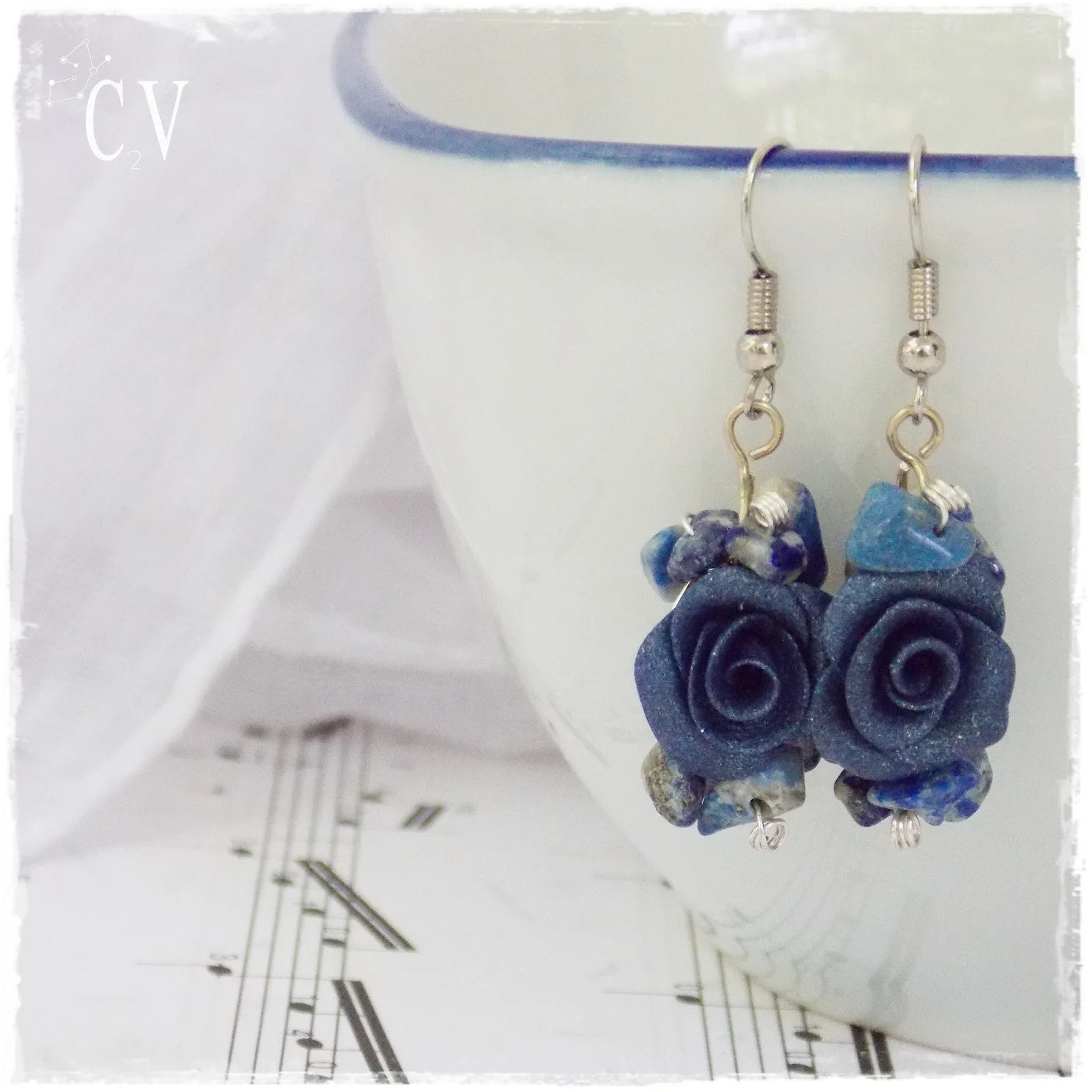 Polymer Clay Rose Earrings - "Something Blue"