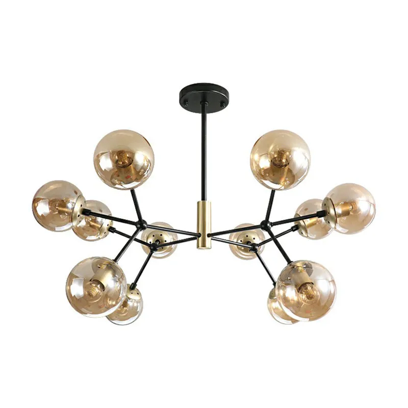 Postmodern Hanging Light Ball Glass Chandelier for Bedroom in Black and Brass