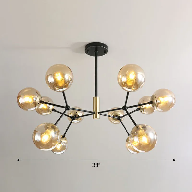 Postmodern Hanging Light Ball Glass Chandelier for Bedroom in Black and Brass