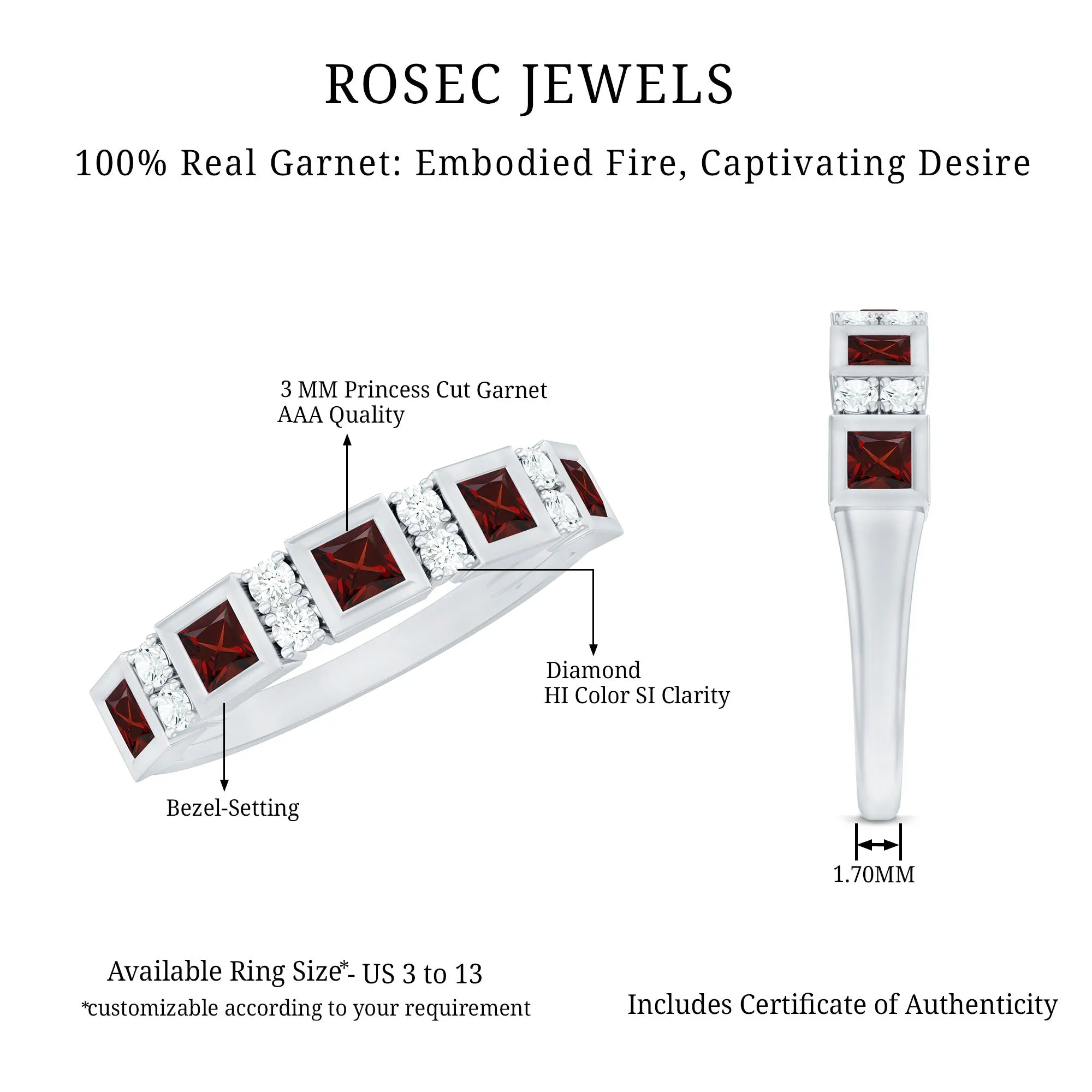 Princess Cut Garnet Half Eternity Band with Diamond