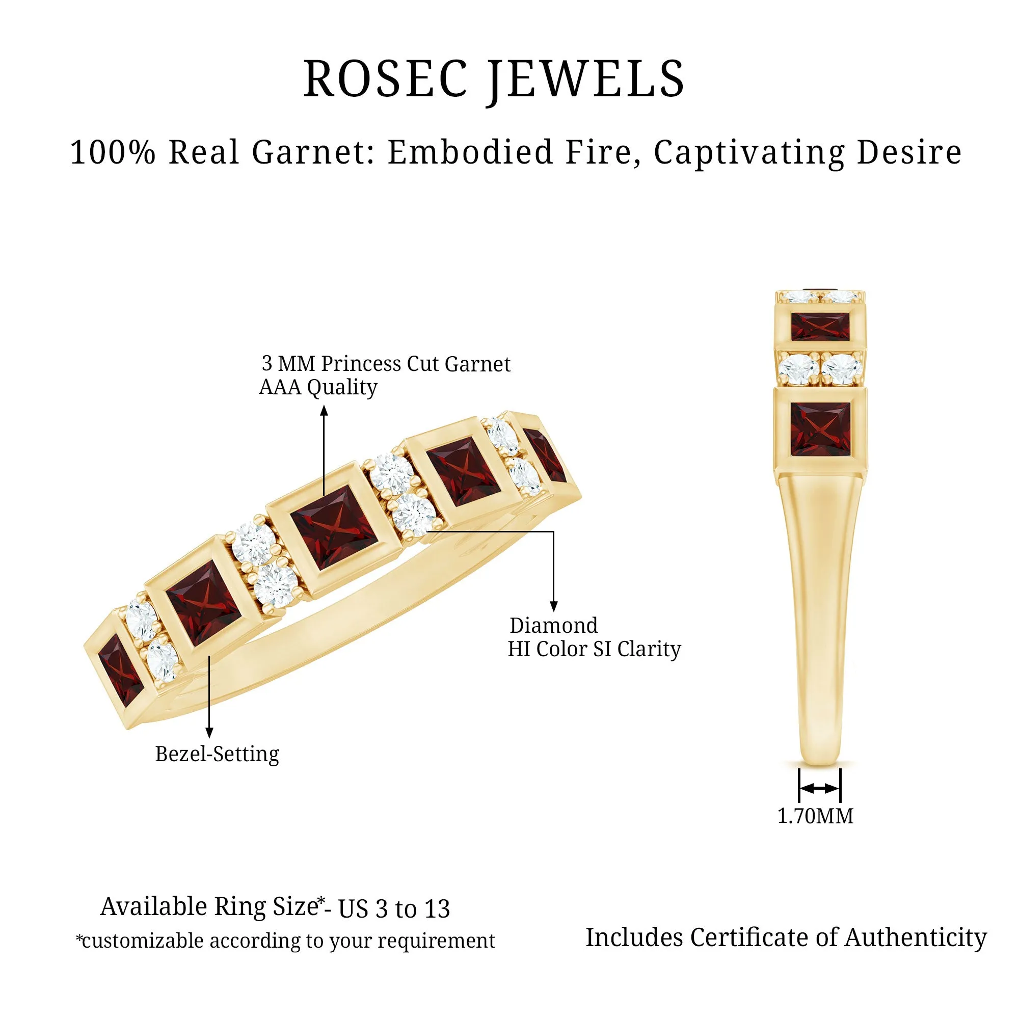 Princess Cut Garnet Half Eternity Band with Diamond