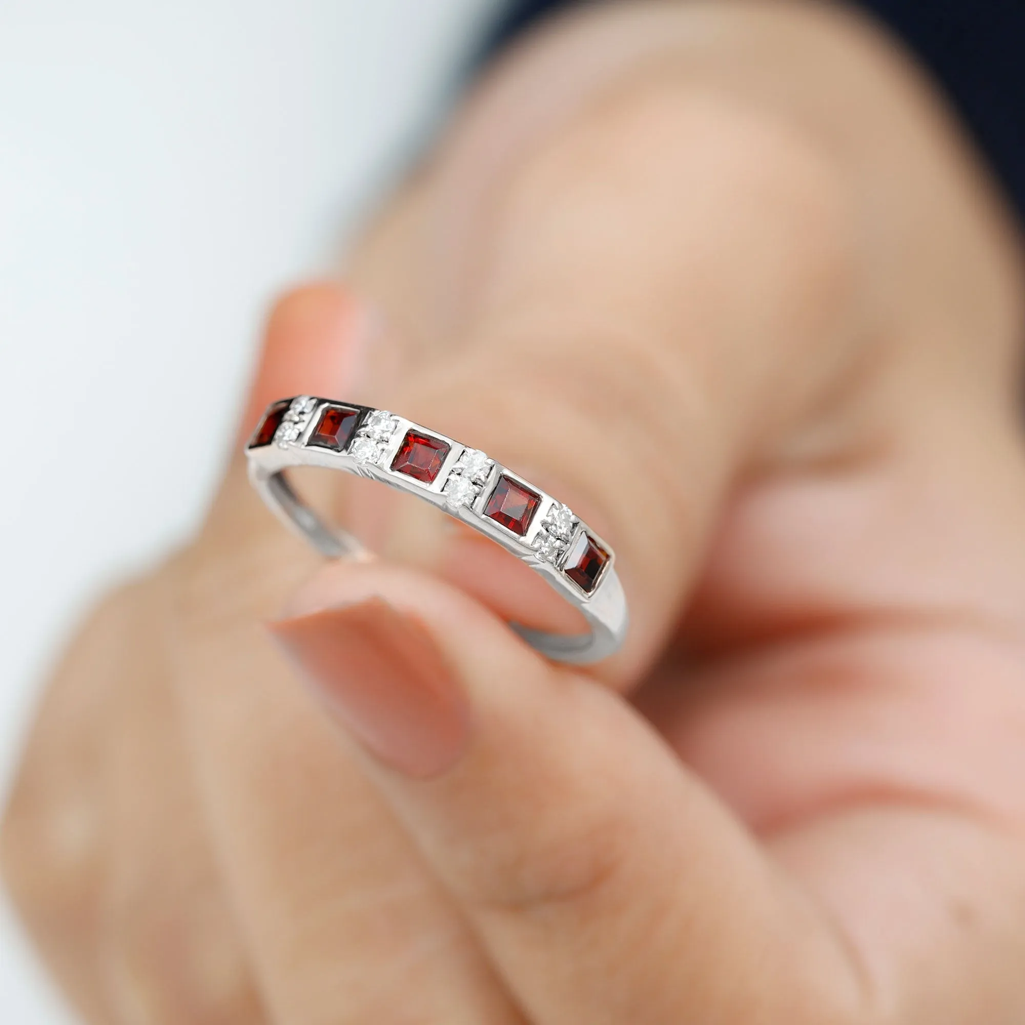 Princess Cut Garnet Half Eternity Band with Diamond