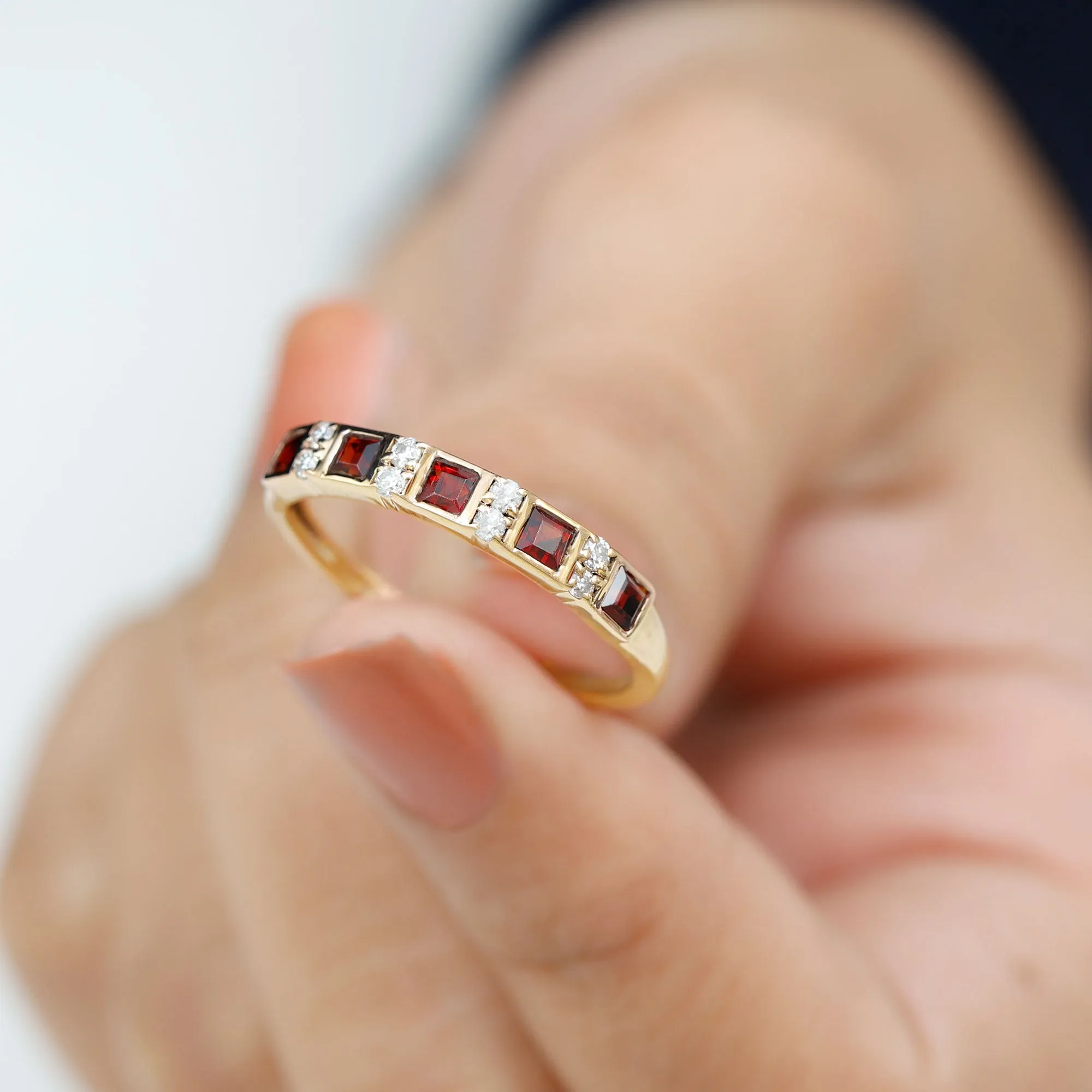 Princess Cut Garnet Half Eternity Band with Diamond