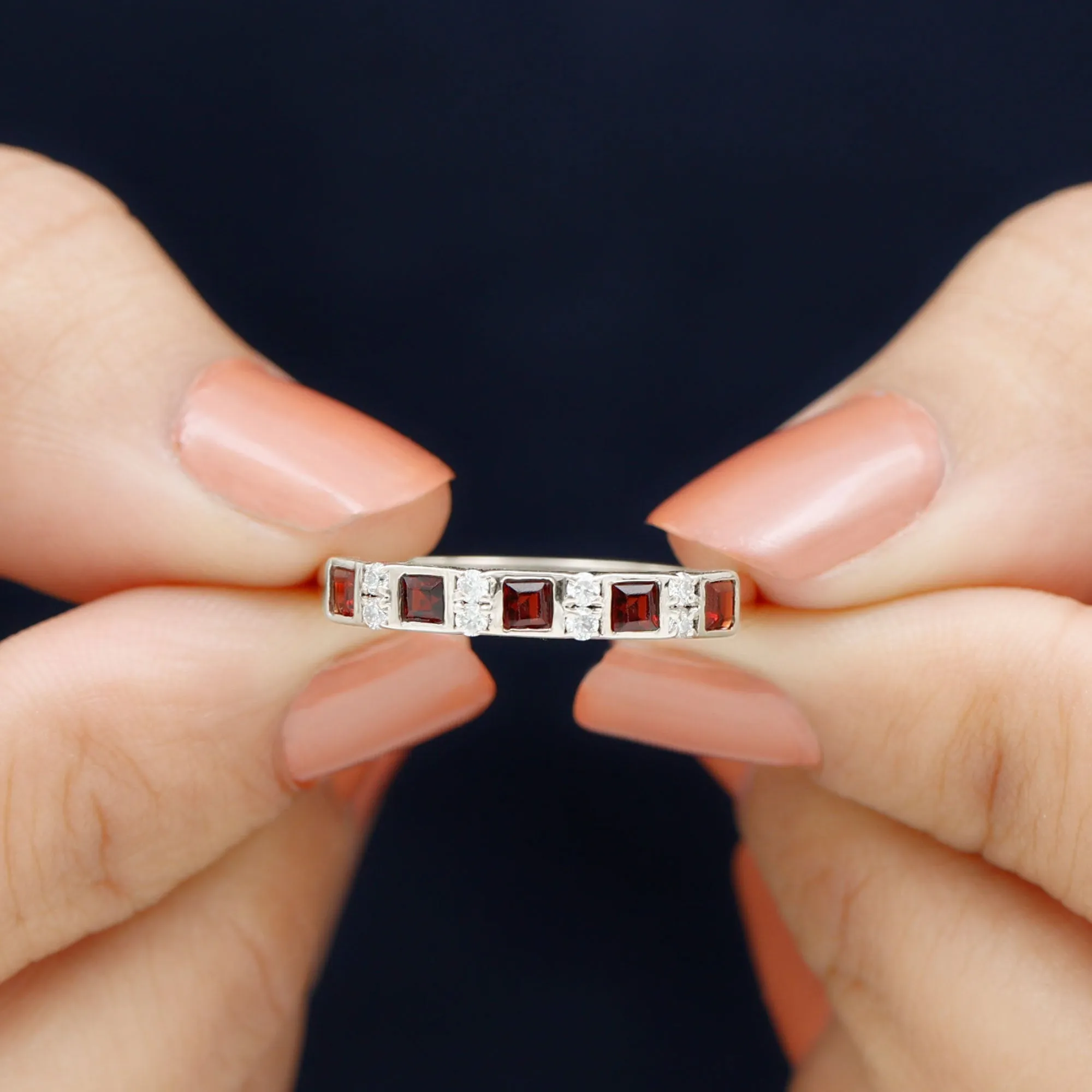 Princess Cut Garnet Half Eternity Band with Diamond