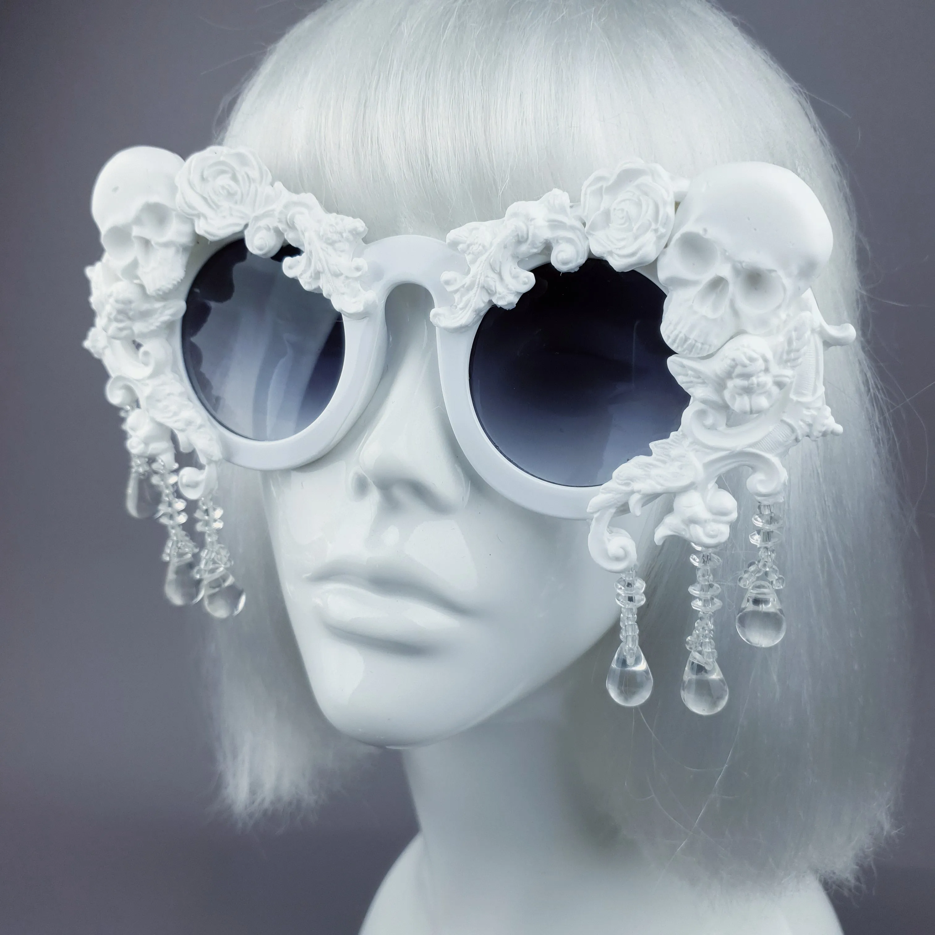 "Wednesday" White Skull Filigree Beading Ornate Sunglasses