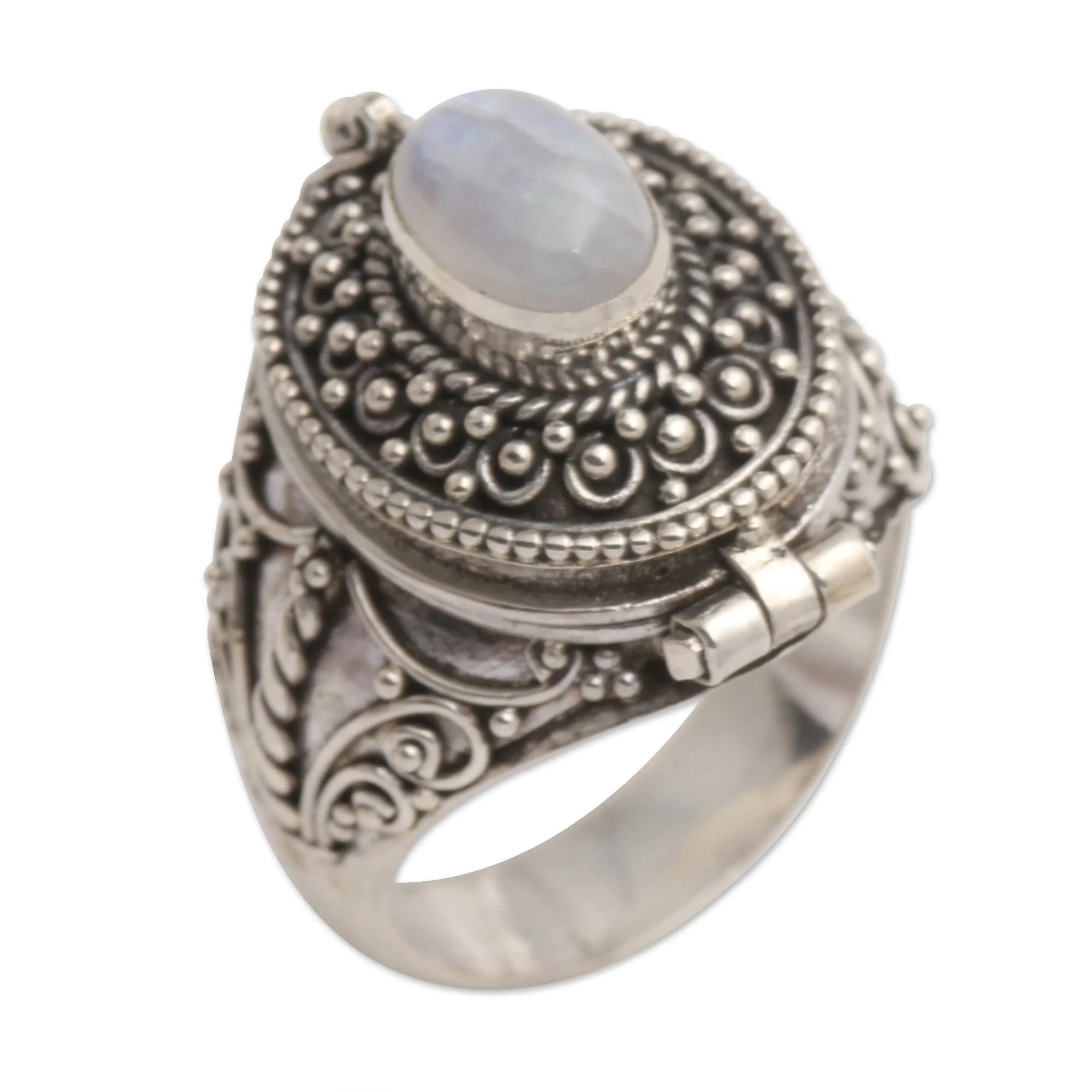 Rainbow Moonstone Locket Sterling Silver Cocktail Ring - The Secret in White | NOVICA
