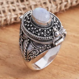 Rainbow Moonstone Locket Sterling Silver Cocktail Ring - The Secret in White | NOVICA