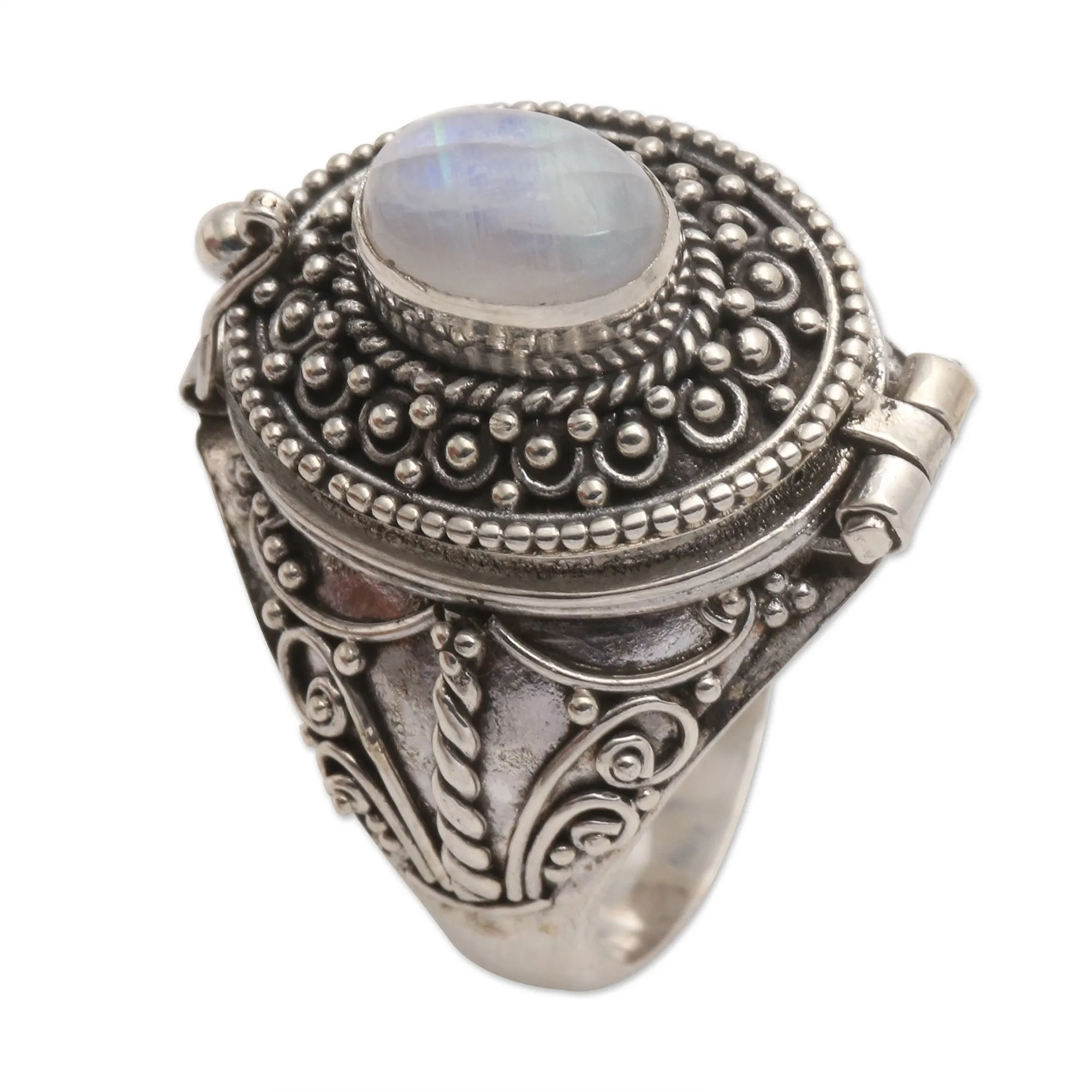 Rainbow Moonstone Locket Sterling Silver Cocktail Ring - The Secret in White | NOVICA