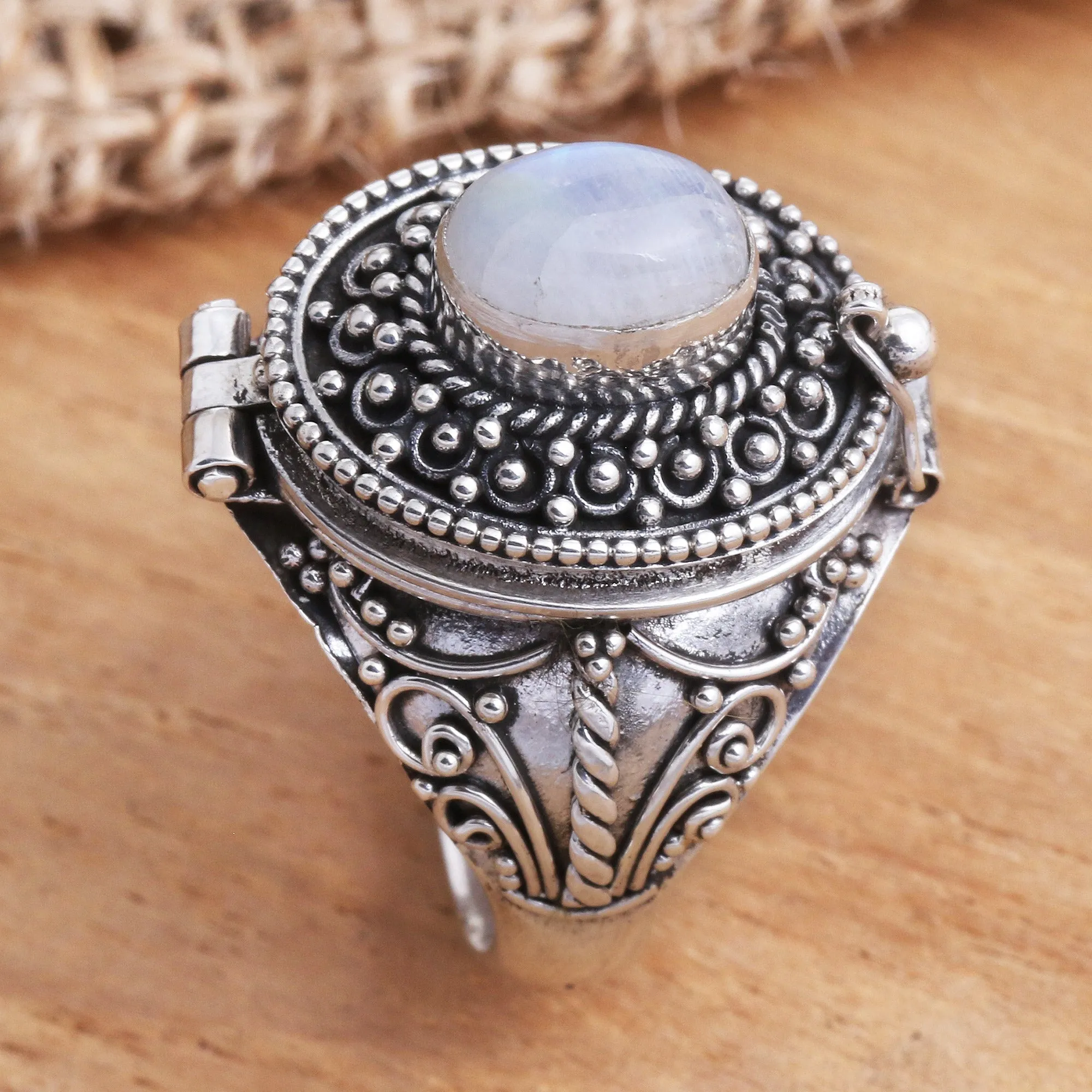 Rainbow Moonstone Locket Sterling Silver Cocktail Ring - The Secret in White | NOVICA