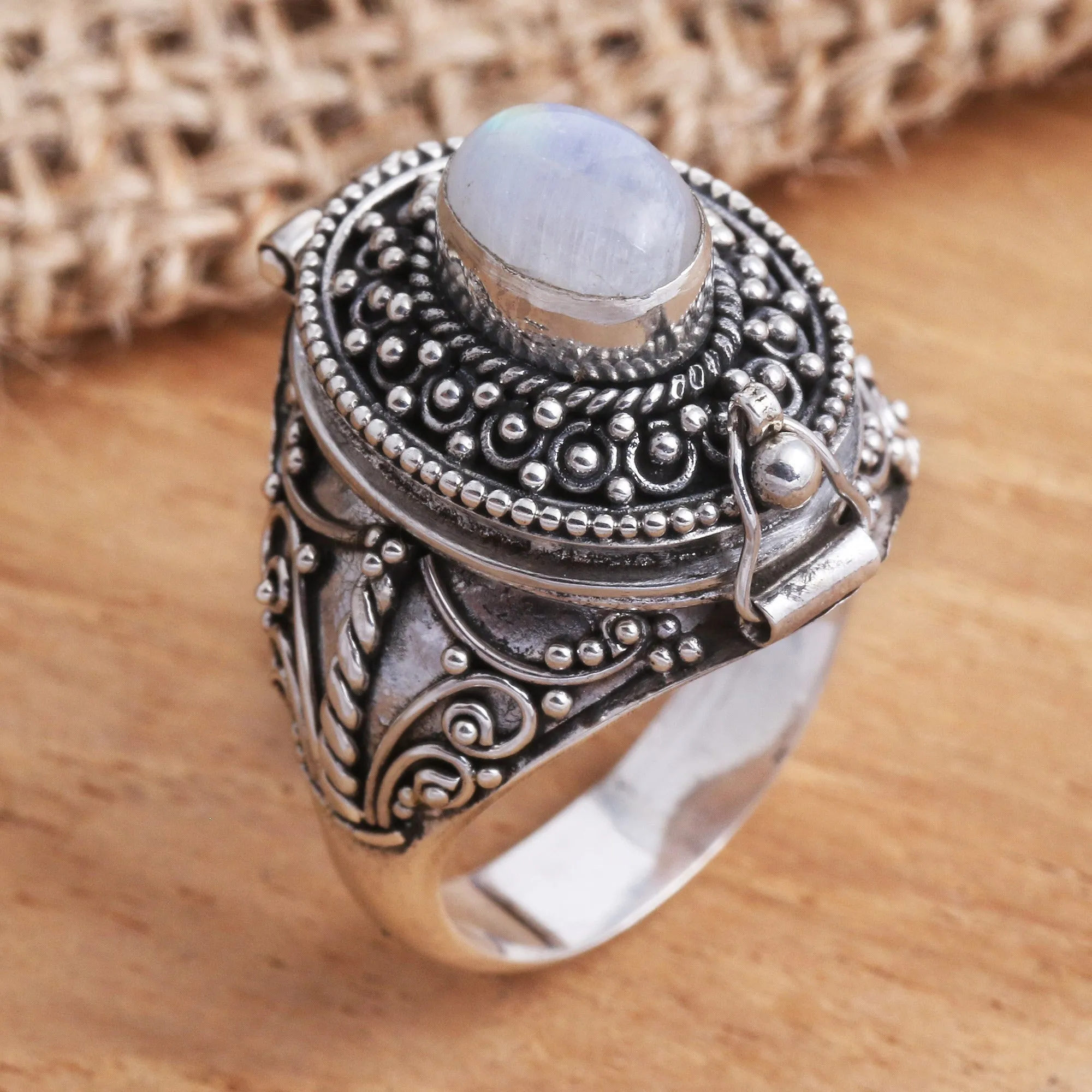 Rainbow Moonstone Locket Sterling Silver Cocktail Ring - The Secret in White | NOVICA