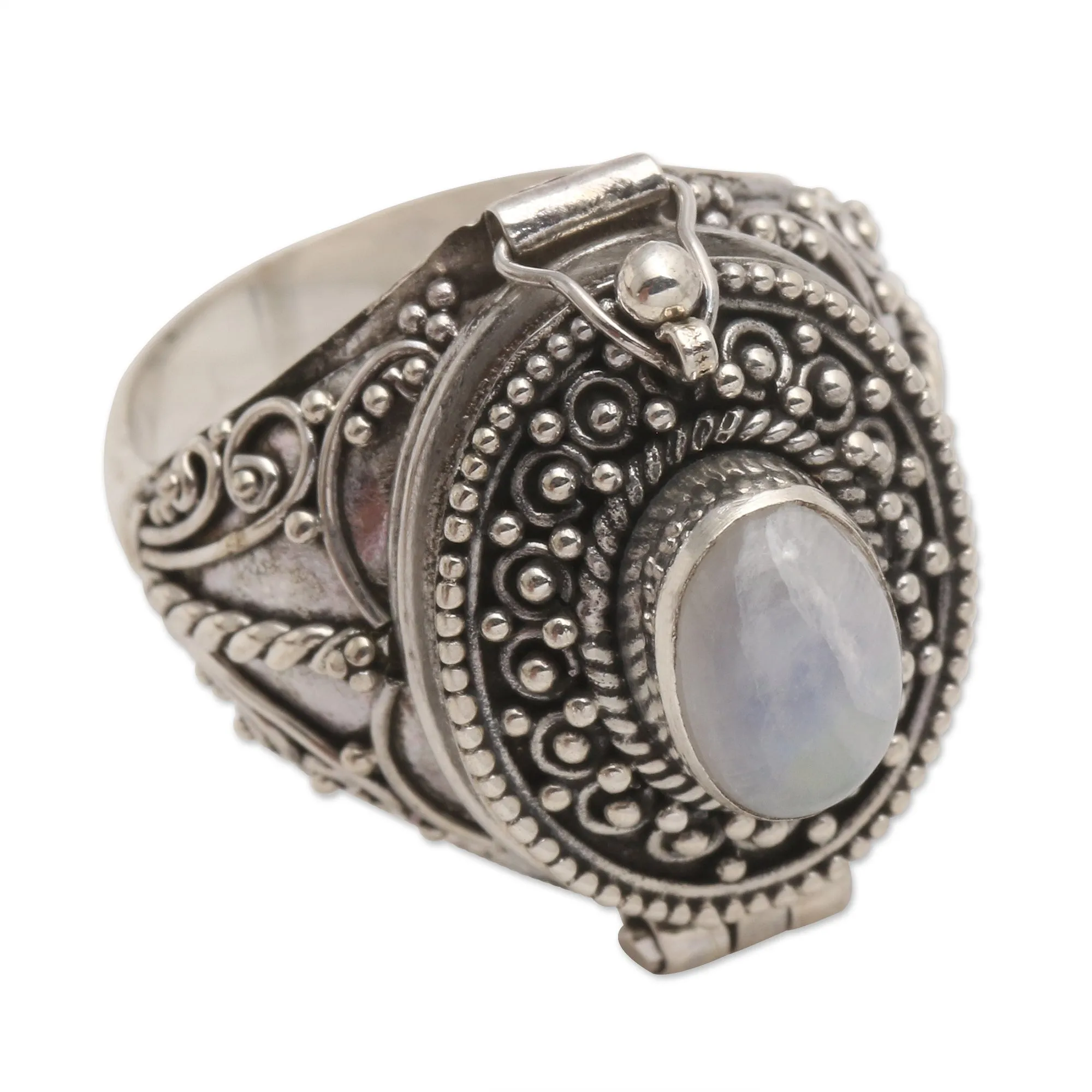 Rainbow Moonstone Locket Sterling Silver Cocktail Ring - The Secret in White | NOVICA