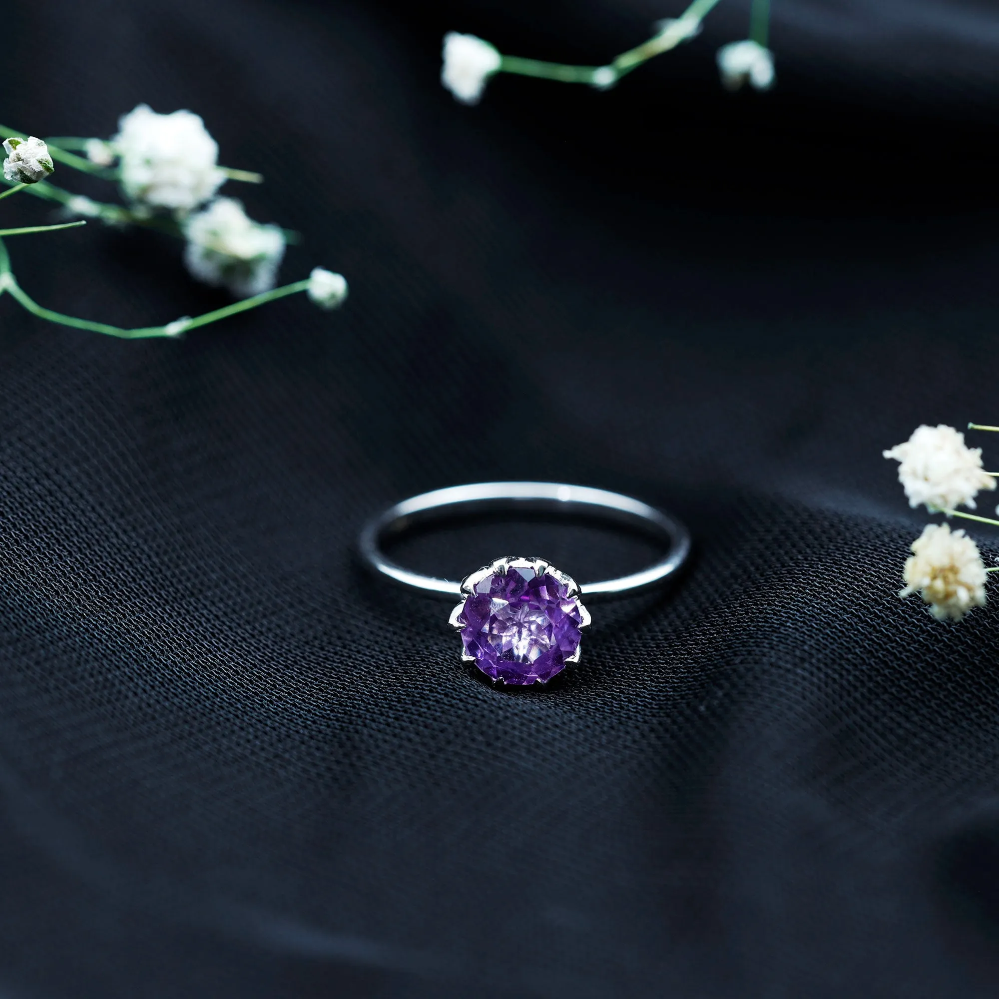 Real Amethyst Solitaire Ring in Lotus Basket Setting
