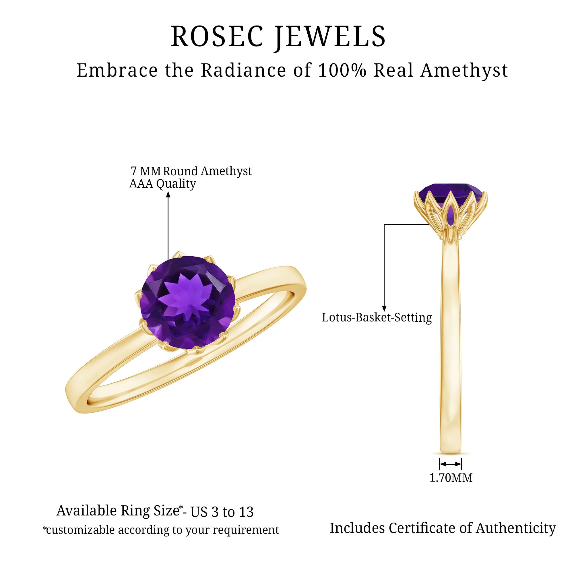 Real Amethyst Solitaire Ring in Lotus Basket Setting