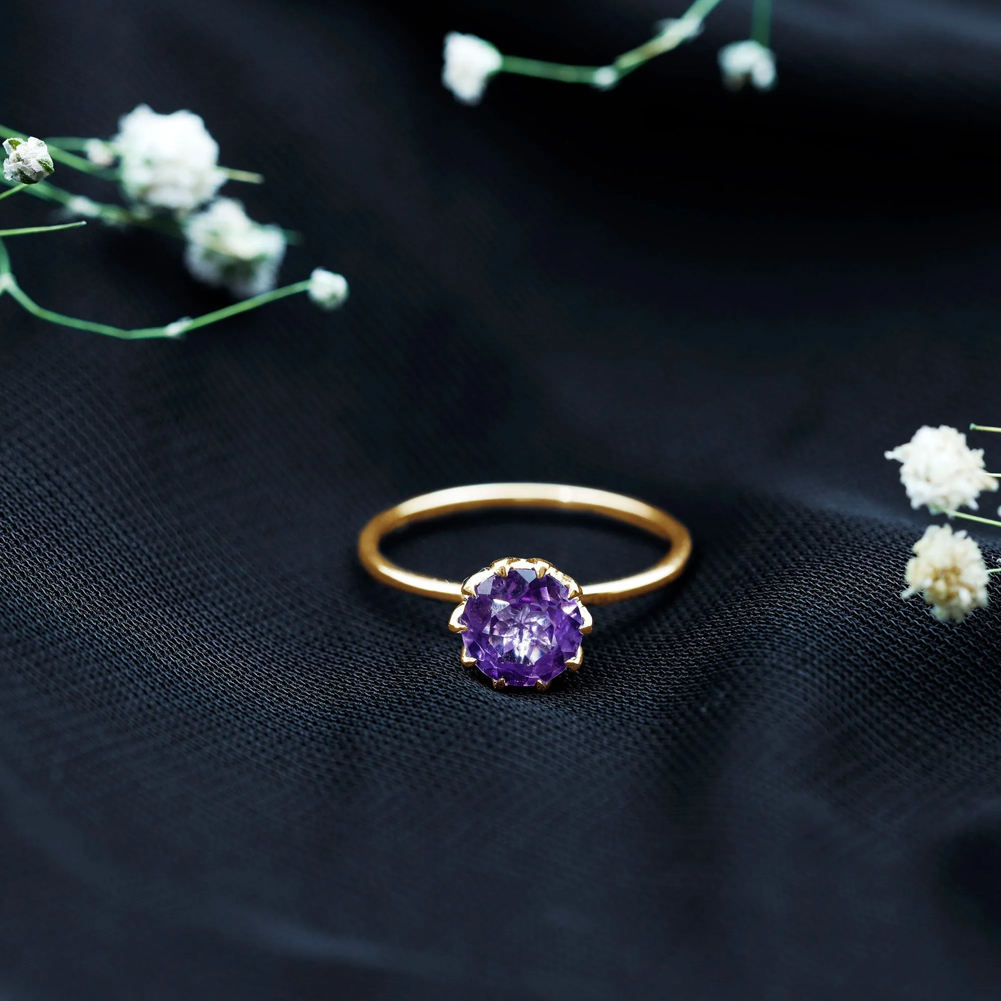 Real Amethyst Solitaire Ring in Lotus Basket Setting