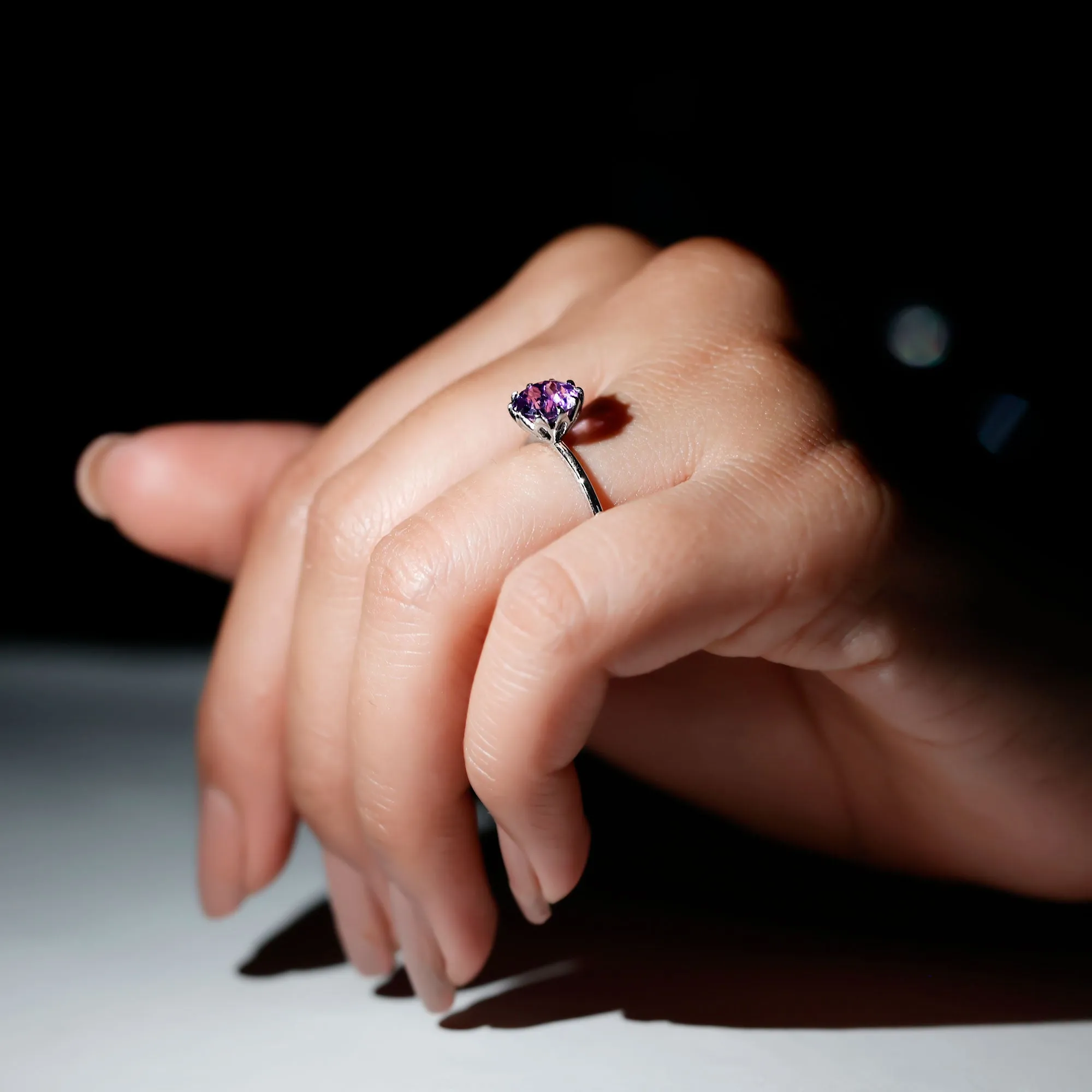 Real Amethyst Solitaire Ring in Lotus Basket Setting