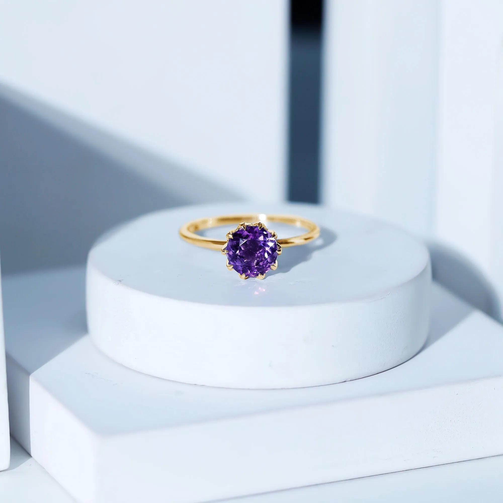 Real Amethyst Solitaire Ring in Lotus Basket Setting