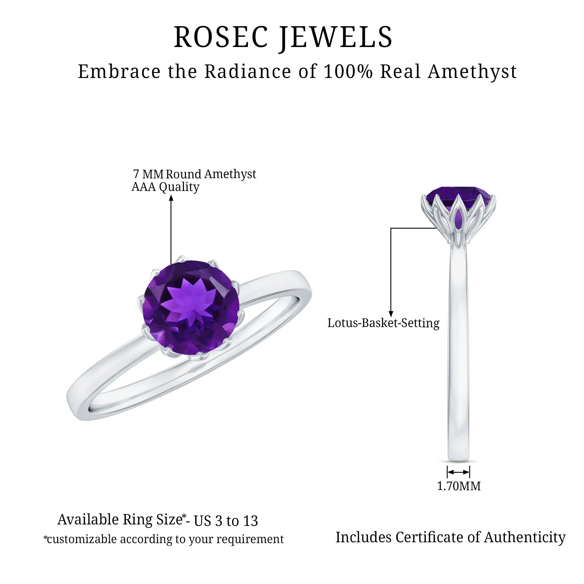 Real Amethyst Solitaire Ring in Lotus Basket Setting