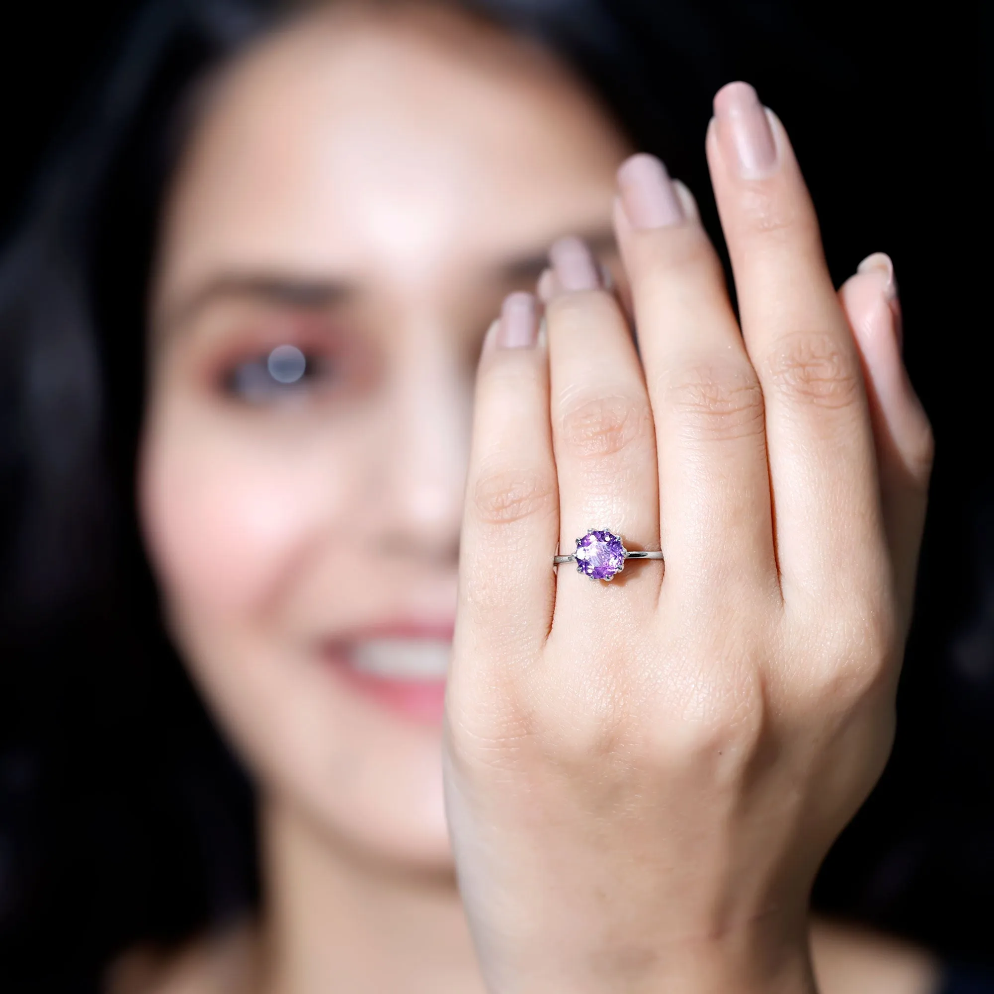 Real Amethyst Solitaire Ring in Lotus Basket Setting
