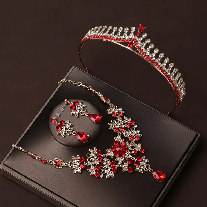 Red diamond simple and elegant bridal headband wedding birthday crown wedding dress crown tiara necklace earrings three-piece set