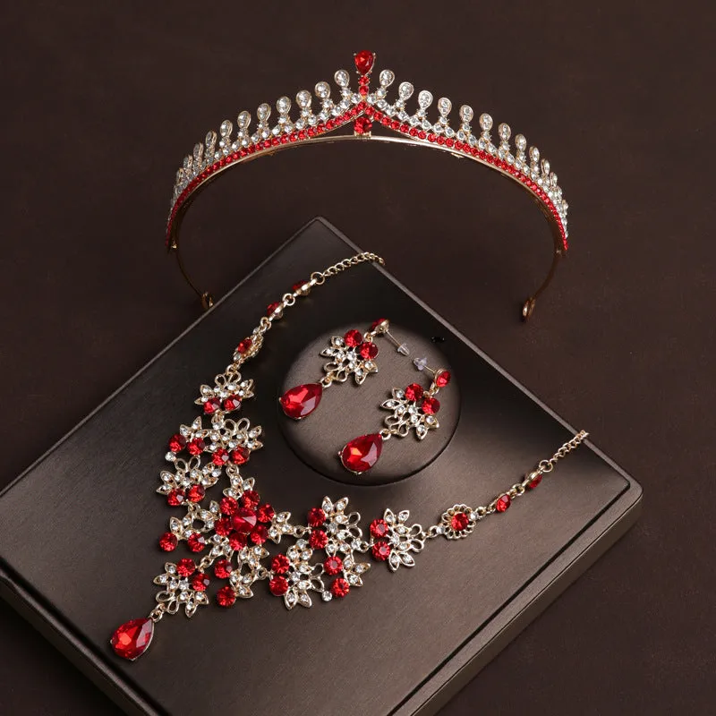Red diamond simple and elegant bridal headband wedding birthday crown wedding dress crown tiara necklace earrings three-piece set