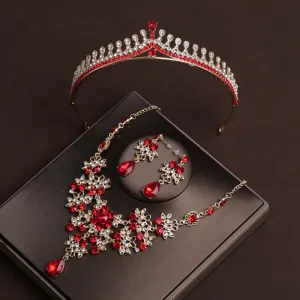 Red diamond simple and elegant bridal headband wedding birthday crown wedding dress crown tiara necklace earrings three-piece set