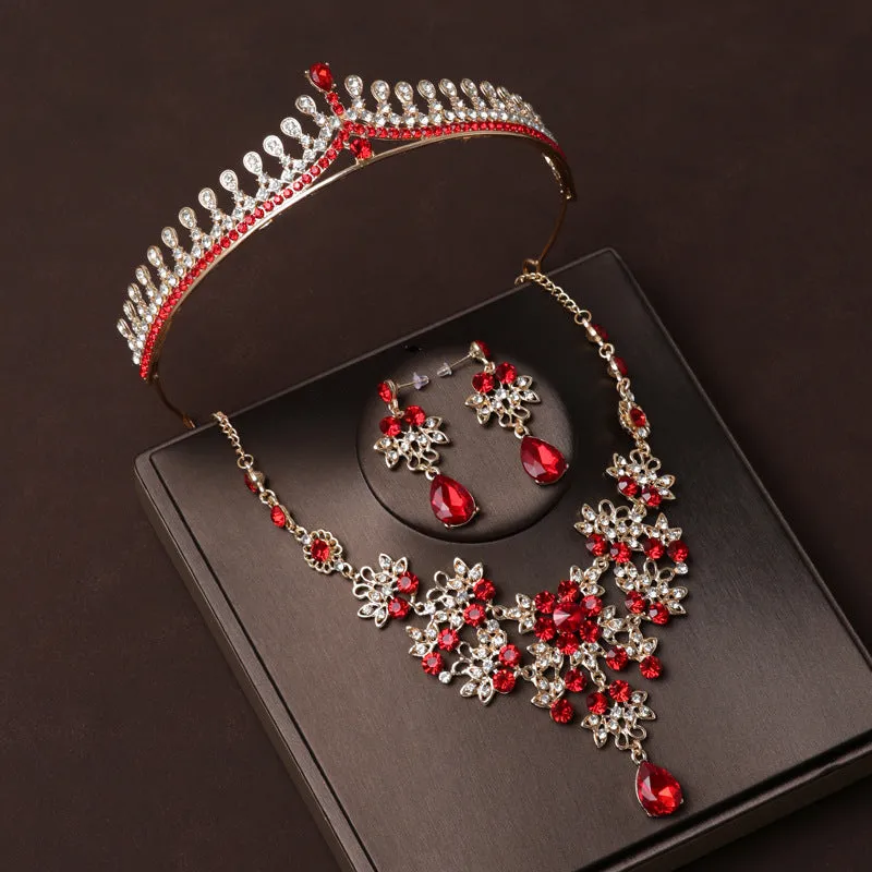 Red diamond simple and elegant bridal headband wedding birthday crown wedding dress crown tiara necklace earrings three-piece set