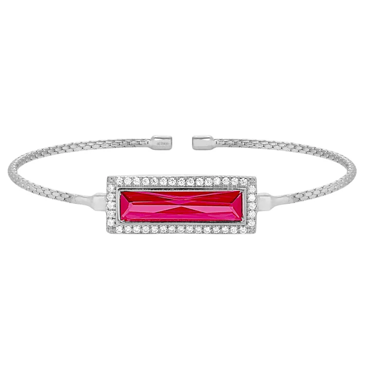 Rhodium Finish Sterling Silver Cable Cuff Bracelet with Rectangular Simulated Ruby Stone and Simulated Diamonds