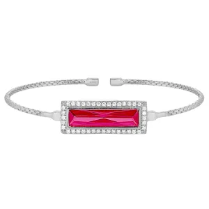 Rhodium Finish Sterling Silver Cable Cuff Bracelet with Rectangular Simulated Ruby Stone and Simulated Diamonds