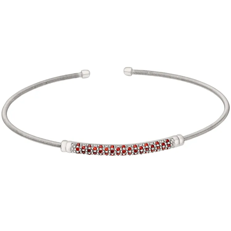 Rhodium Finish Sterling Silver Cable Cuff Bracelet with Three Rows of Simulated Ruby Birth Gems - July